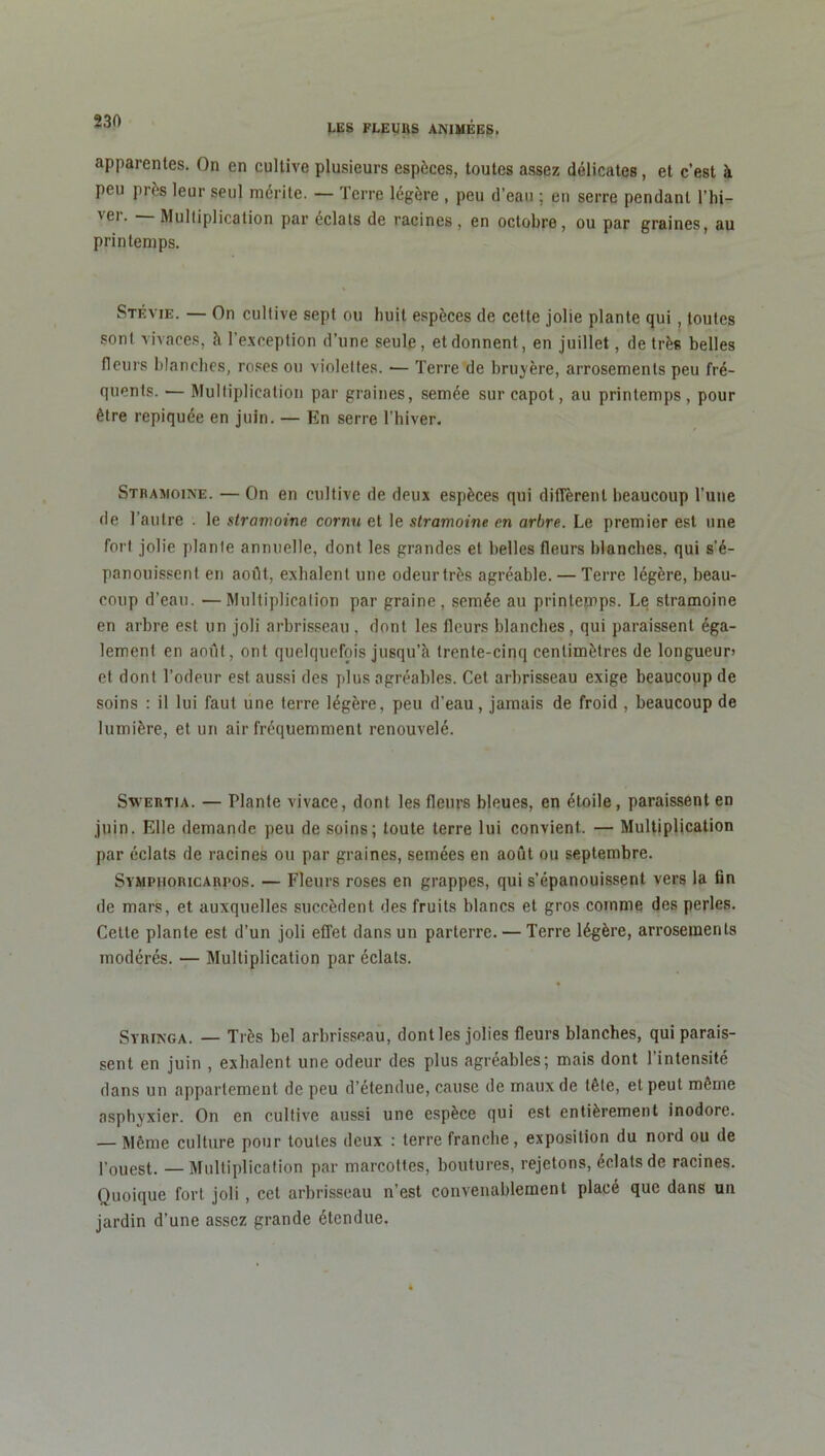 apparentes. On en cultive plusieurs espèces, toutes assez délicates, et c’est à peu près leur seul mérite. — Terre légère , peu d’eau ; en serre pendant l’hi- vei' Multiplication par éclats de racines, en octobre, ou par graines, au printemps. Stévie. — On cultive sept ou huit espèces de cette jolie plante qui, toutes sont vivaces, à l’exception d’une seule, et donnent, en juillet, de très belles fleurs blanches, roses ou violettes. — Terre de bruyère, arrosements peu fré- quents. — Multiplication par graines, semée sur capot, au printemps, pour être repiquée en juin. — En serre l’hiver. Stramoine. — On en cultive de deux espèces qui diffèrent beaucoup l’une de l’autre . le stramoine cornu et le stramoine en arbre. Le premier est une fort jolie plante annuelle, dont les grandes et belles fleurs blanches, qui s’é- panouissent en août, exhalent une odeur très agréable. — Terre légère, beau- coup d’eau. —Multiplication par graine, semée au printemps. Le stramoine en arbre est un joli arbrisseau , dont les fleurs blanches , qui paraissent éga- lement en août, ont quelquefois jusqu’il trente-cinq centimètres de longueur et dont l’odeur est aussi des plus agréables. Cet arbrisseau exige beaucoup de soins : il lui faut une terre légère, peu d’eau, jamais de froid , beaucoup de lumière, et un air fréquemment renouvelé. Sweutia. — Plante vivace, dont les fleurs bleues, en étoile, paraissent en juin. Elle demande peu de soins; toute terre lui convient. — Multiplication par éclats de racines ou par graines, semées en août ou septembre. Symphoricarpos. — Fleurs roses en grappes, qui s’épanouissent vers la fin de mars, et auxquelles succèdent des fruits blancs et gros comme des perles. Celte plante est d’un joli effet dans un parterre. — Terre légère, arrosements modérés. — Multiplication par éclats. Svringa. — Très bel arbrisseau, dont les jolies fleurs blanches, qui parais- sent en juin , exhalent une odeur des plus agréables; mais dont l'intensité dans un appartement de peu d’étendue, cause de maux de tête, et peut même asphyxier. On en cultive aussi une espèce qui est entièrement inodore. — Même culture pour toutes deux : terre franche, exposition du nord ou de l’ouest. — Multiplication par marcottes, boutures, rejetons, éclats de racines. Quoique fort joli , cet arbrisseau n’est convenablement placé que dans un jardin d’une assez grande étendue.