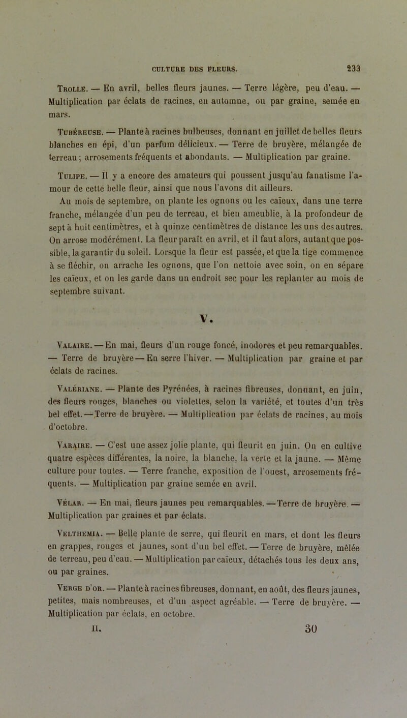 Trolle. — En avril, belles fleurs jaunes. — Terre légère, peu d’eau. — Multiplication par éclats de racines, en automne, ou par graine, semée en mars. Tubéreuse. — Plante à racines bulbeuses, donnant en juillet de belles fleurs blanches en épi, d’un parfum délicieux. — Terre de bruyère, mélangée de terreau; arrosements fréquents et abondants. — Multiplication par graine. Tulipe. — Il y a encore des amateurs qui poussent jusqu’au fanatisme l'a- mour de cette belle fleur, ainsi que nous l’avons dit ailleurs. Au mois de septembre, on plante les ognons ou les caïeux, dans une terre franche, mélangée d’un peu de terreau, et bien ameublie, à la profondeur de sept à huit centimètres, et à quinze centimètres de distance les uns des autres. On arrose modérément. La fleur paraît en avril, et il faut alors, autant que pos- sible, la garantir du soleil. Lorsque la fleur est passée, et qüe la tige commence à se fléchir, on arrache les ognons, que l’on nettoie avec soin, on en sépare les caïeux, et on les garde dans un endroit sec pour les replanter au mois de septembre suivant. V. Valaire.— En mai, fleurs d’un rouge foncé, inodores et peu remarquables. — Terre de bruyère — En serre l’hiver. — Multiplication par graine et par éclats de racines. Valériane. — Plante des Pyrénées, à racines fibreuses, donnant, en juin, des fleurs rouges, blanches ou violettes, selon la variété, et toutes d’un très bel effet. —Terre de bruyère. — Multiplication par éclats de racines, au mois d’octobre. Varaire. — C’est une assez jolie plante, qui fleurit en juin. On en cultive quatre espèces différentes, la noire, la blanche, la verte et la jaune. — Même culture pour toutes. — Terre franche, exposition de l'ouest, arrosements fré- quents. — Multiplication par graine semée en avril. Vélar. — En mai, fleurs jaunes peu remarquables.—Terre de bruyère.— Multiplication par graines et par éclats. Veltiiemia. — Belle piaule de serre, qui fleurit en mars, et dont les fleurs en grappes, rouges et jaunes, sont d’un bel effet.— Terre de bruyère, mêlée de terreau, peu d’eau. — Multiplication par caïeux, détachés tous les deux ans, ou par graines. Verge d’or. — Plante à racines fibreuses, donnant, en août, des fleurs jaunes, petites, mais nombreuses, et d’un aspect agréable. — Terre de bruyère. — Multiplication par éclats, en octobre. II. 30