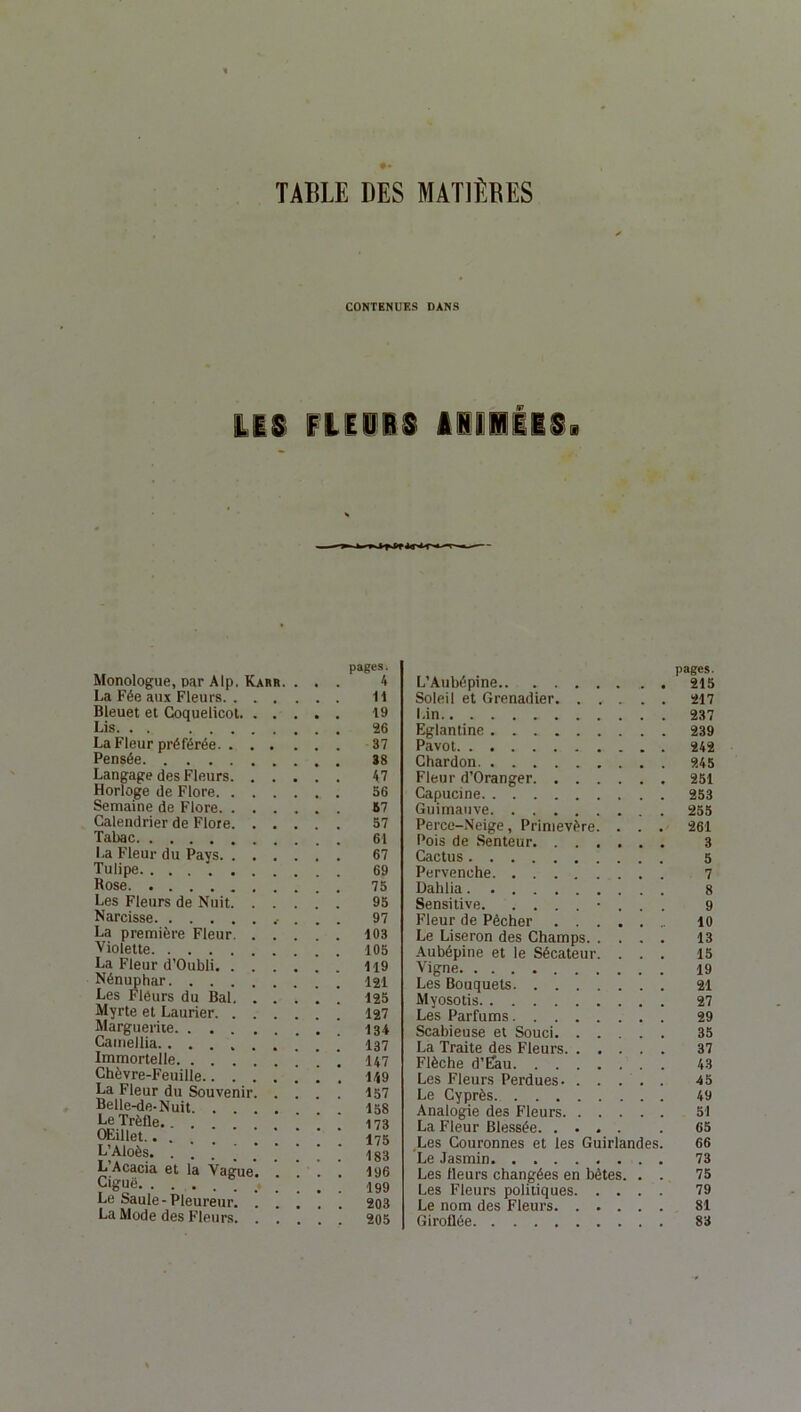 TABLE DES MATIÈRES CONTENUES DANS Monologue, par Alp. Kakb. . . pages. 4 La Fée aux Fleurs 11 Bleuet et Coquelicot 19 Lis. . . La Fleur préférée Pensée Langage des Fleurs 47 Horloge de Flore 56 Semaine de Flore 57 Calendrier de Flore. . . . 57 Tabac La Fleur du Pays 67 Tulipe Rose Les Fleurs de Nuit 95 Narcisse 97 La première Fleur. . . 103 Violette La Fleur d’Oubli Nénuphar. . . Les Fleurs du Bal. . . . 125 Myrte et Laurier. . . . Marguerite Camellia Immortelle. . . . Chèvre-Feuille.. La Fleur du Souvenir. . 157 Belle-de-Nuit . Le Trèfle. Œillet . 175 ITAcacia et la Vague. ... . 196 Çiguë 199 Le Saule-Pleureur. 203 La Mode des Fleurs. , pages. L’Aubépine 215 Soleil et Grenadier 217 Lin 237 Eglantine 239 Pavot 242 Chardon 245 Fleur d’Oranger 251 Capucine 253 Guimauve 255 Perce-Neige, Primevère. . . . 261 Pois de Senteur 3 Cactus 5 Pervenche 7 Dahlia 8 Sensitive • . . . 9 Fleur de Pêcher 10 Le Liseron des Champs 13 Aubépine et le Sécateur. ... 15 Vigne 19 Les Bouquets 21 Myosotis 27 Les Parfums 29 Scabieuse et Souci 35 La Traite des Fleurs 37 Flèche d’Ëau 43 Les Fleurs Perdues 45 Le Cyprès 49 Analogie des Fleurs 51 La Fleur Blessée . 65 Les Couronnes et les Guirlandes. 66 Le Jasmin 73 Les fleurs changées en bêtes. . . 75 Les Fleurs politiques 79 Le nom des Fleurs 81 Giroflée 83