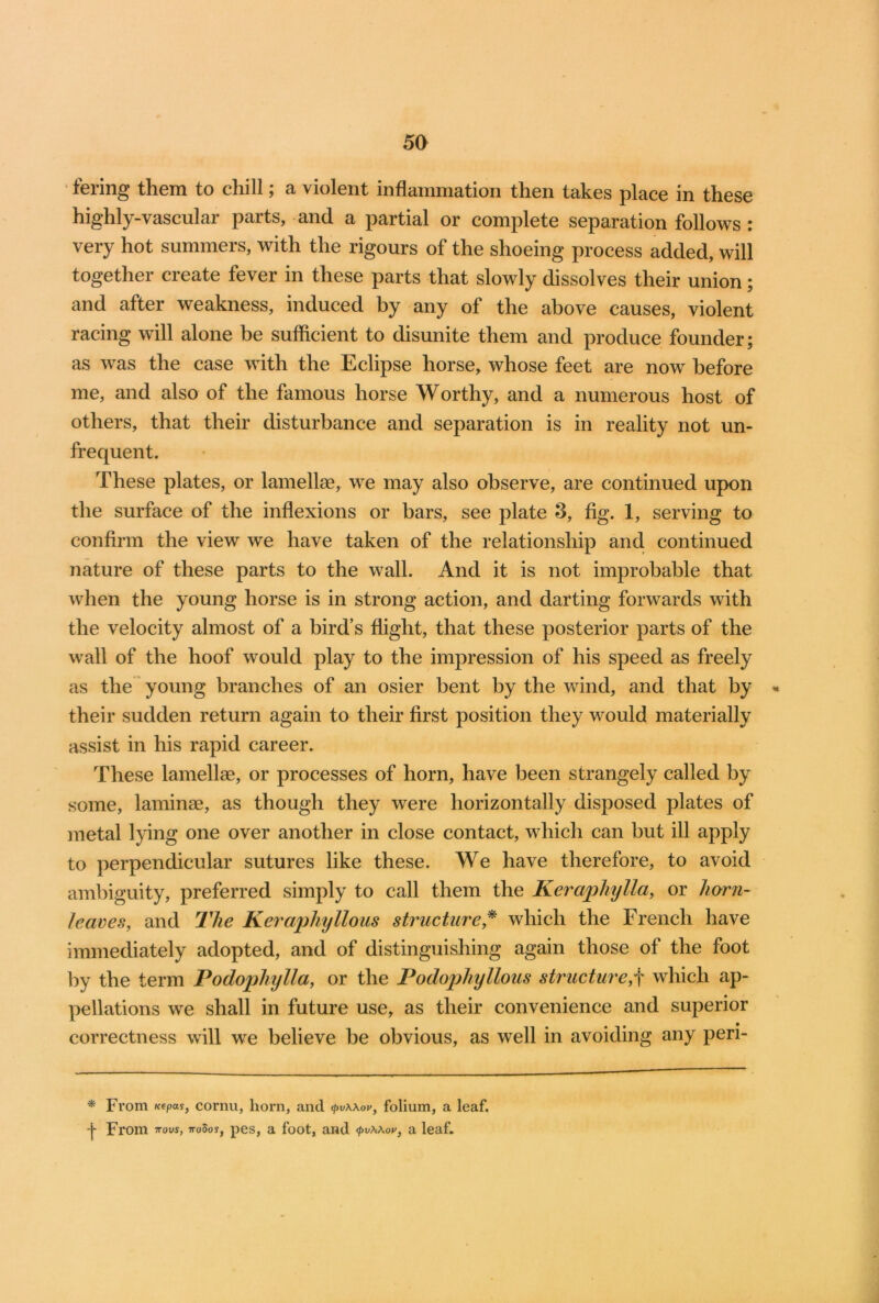 fering them to chill; a violent inflammation then takes place in these highly-vascular parts, and a partial or complete separation follows : very hot summers, with the rigours of the shoeing process added, will together create fever in these parts that slowly dissolves their union; and after weakness, induced by any of the above causes, violent racing will alone be sufficient to disunite them and produce founder; as was the case with the Eclipse horse, whose feet are now before me, and also of the famous horse Worthy, and a numerous host of others, that their disturbance and separation is in reality not un- frequent. These plates, or lamellae, we may also observe, are continued upon the surface of the inflexions or bars, see plate 3, fig. 1, serving to confirm the view we have taken of the relationship and continued nature of these parts to the wall. And it is not improbable that when the young horse is in strong action, and darting forwards with the velocity almost of a bird’s flight, that these posterior parts of the wall of the hoof would play to the impression of his speed as freely as the young branches of an osier bent by the wind, and that by * their sudden return again to their first position they would materially assist in his rapid career. These lamellae, or processes of horn, have been strangely called by some, laminae, as though they were horizontally disposed plates of metal lying one over another in close contact, which can but ill apply to perpendicular sutures like these. We have therefore, to avoid ambiguity, preferred simply to call them the Keraphylla, or horn- leaves, and The Keraphyllous structure * which the French have immediately adopted, and of distinguishing again those of the foot by the term Podophylla, or the Podophyllous structure,f which ap- pellations we shall in future use, as their convenience and superior correctness will we believe be obvious, as well in avoiding any peri- * From /cepay, cornu, horn, and QvWov, folium, a leaf. 4- From novs, nodos, pes, a foot, and <pv\\ov, a leaf.