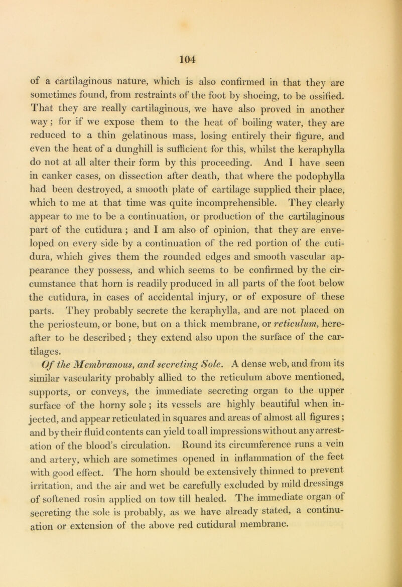 of a cartilaginous nature, which is also confirmed in that they are sometimes found, from restraints of the foot by shoeing, to be ossified. That they are really cartilaginous, we have also proved in another way; for it we expose them to the heat of boiling water, they are reduced to a thin gelatinous mass, losing entirely their figure, and even the heat of a dunghill is sufficient for this, whilst the keraphylla do not at all alter their form by this proceeding. And I have seen in canker cases, on dissection after death, that where the podophylla had been destroyed, a smooth plate of cartilage supplied their place, which to me at that time was quite incomprehensible. They clearly appear to me to be a continuation, or production of the cartilaginous part of the cutidura; and I am also of opinion, that they are enve- loped on every side by a continuation of the red portion of the cuti- dura, which gives them the rounded edges and smooth vascular ap- pearance they possess, and which seems to be confirmed by the cir- cumstance that horn is readily produced in all parts of the foot below the cutidura, in cases of accidental injury, or of exposure of these parts. They probably secrete the keraphylla, and are not placed on the periosteum, or bone, but on a thick membrane, or reticulum, here- after to be described; they extend also upon the surface of the car- tilages. Of the Membranous, and secreting Sole. A dense web, and from its similar vascularity probably allied to the reticulum above mentioned, supports, or conveys, the immediate secreting organ to the upper surface of the horny sole; its vessels are highly beautiful when in- jected, and appear reticulated in squares and areas of almost all figures; and by their fluid contents can yield to all impressions without any arrest- ation of the blood’s circulation. Round its circumference runs a vein and artery, which are sometimes opened in inflammation of the feet with good effect. The horn should be extensively thinned to prevent irritation, and the air and wet be carefully excluded by mild dressings of softened rosin applied on tow till healed. The immediate organ of secreting the sole is probably, as we have already stated, a continu- ation or extension of the above red cutidural membrane.
