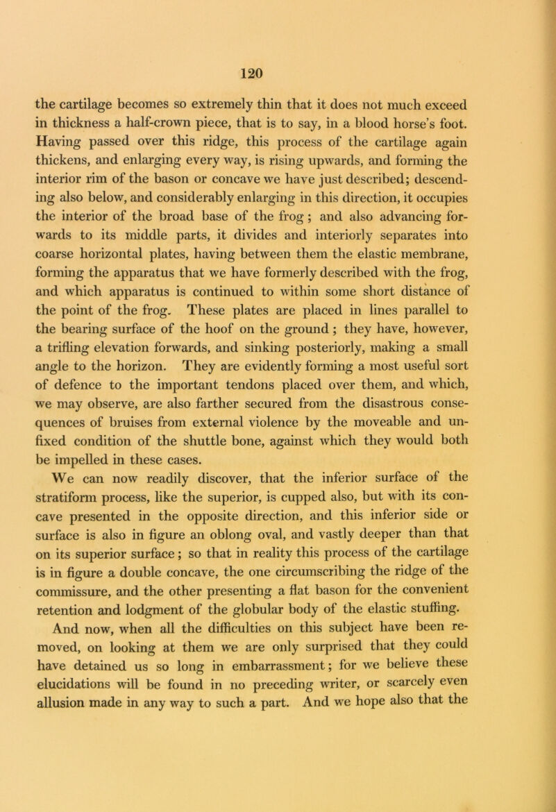 the cartilage becomes so extremely thin that it does not much exceed in thickness a half-crown piece, that is to say, in a blood horse’s foot. Having passed over this ridge, this process of the cartilage again thickens, and enlarging every way, is rising upwards, and forming the interior rim of the bason or concave we have just described; descend- ing also below, and considerably enlarging in this direction, it occupies the interior of the broad base of the frog; and also advancing for- wards to its middle parts, it divides and interiorly separates into coarse horizontal plates, having between them the elastic membrane, forming the apparatus that we have formerly described with the frog, and which apparatus is continued to within some short distance of the point of the frog. These plates are placed in lines parallel to the bearing surface of the hoof on the ground; they have, however, a trifling elevation forwards, and sinking posteriorly, making a small angle to the horizon. They are evidently forming a most useful sort of defence to the important tendons placed over them, and which, we may observe, are also farther secured from the disastrous conse- quences of bruises from external violence by the moveable and un- fixed condition of the shuttle bone, against which they would both be impelled in these cases. We can now readily discover, that the inferior surface of the stratiform process, like the superior, is cupped also, but with its con- cave presented in the opposite direction, and this inferior side or surface is also in figure an oblong oval, and vastly deeper than that on its superior surface; so that in reality this process of the cartilage is in figure a double concave, the one circumscribing the ridge of the commissure, and the other presenting a flat bason for the convenient retention and lodgment of the globular body of the elastic stuffing. And now, when all the difficulties on this subject have been re- moved, on looking at them we are only surprised that they could have detained us so long in embarrassment; for we believe these elucidations will be found in no preceding writer, or scarcely even allusion made in any way to such a part. And we hope also that the