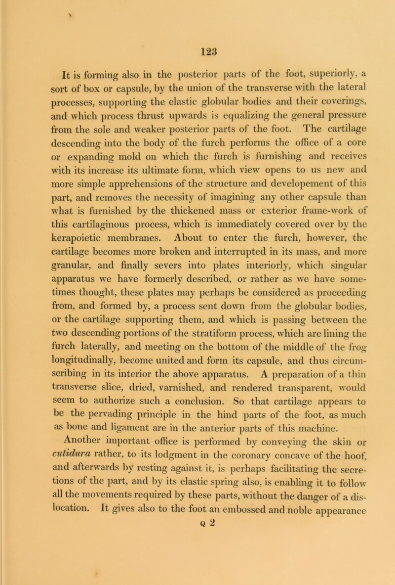 It is forming also in the posterior parts of the foot, superiorly, a sort of box or capsule, by the union of the transverse with the lateral processes, supporting the elastic globular bodies and their coverings, and which process thrust upwards is equalizing the general pressure from the sole and weaker posterior parts of the foot. The cartilage descending into the body of the furch performs the office of a core or expanding mold on which the lurch is furnishing and receives with its increase its ultimate form, which view opens to us new and more simple apprehensions of the structure and developement of this part, and removes the necessity of imagining any other capsule than what is furnished by the thickened mass or exterior frame-work of this cartilaginous process, which is immediately covered over by the kerapoietic membranes. About to enter the furch, however, the cartilage becomes more broken and interrupted in its mass, and more granular, and finally severs into plates interiorly, which singular apparatus we have formerly described, or rather as we have some- times thought, these plates may perhaps be considered as proceeding from, and formed by, a process sent down from the globular bodies, or the cartilage supporting them, and which is passing between the two descending portions of the stratiform process, which are lining the furch laterally, and meeting on the bottom of the middle of the frog longitudinally, become united and form its capsule, and thus circum- scribing in its interior the above apparatus. A preparation of a thin transverse slice, dried, varnished, and rendered transparent, would seem to authorize such a conclusion. So that cartilage appears to be the pervading principle in the hind parts of the foot, as much as bone and ligament are in the anterior parts of this machine. Another important office is performed by conveying the skin or cutidura rather, to its lodgment in the coronary concave of the hoof, and afterwards by resting against it, is perhaps facilitating the secre- tions of the part, and by its elastic spring also, is enabling it to follow all the movements required by these parts, without the danger of a dis- location. It gives also to the foot an embossed and noble appearance Q 2