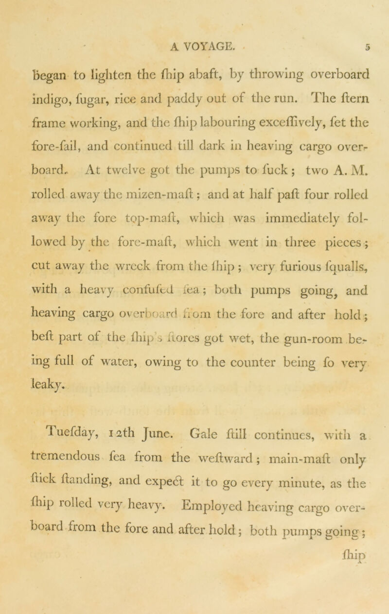 began to lighten the fhip abaft, by throwing overboard indigo, fugar, rice and paddy out of the run. The ftern frame working, and the flap labouring exceffively, fet the fore-fail, and continued till dark In heaving cargo overr board.. At twelve got the pumps to fuck; two A. M. rolled away the mizen-maft; and at half pafi; four rolled away the fore top-maft, which was immediately fol- lowed by the fore-maft, which went in three pieces; cut away the wreck from tlie Ihip ; very furious fqualls, with a heavy confultd lea; both pumps goings and heaving cargo ov erboard b om the fore and after hold; befh part of the Ihip’s iiores got wet, the gun-room be.- ing full of water, owing to the counter being fo very Tuefday, 12th June. Gale flill continues, with a. tremendous fea from the weftward; main-mafi: only flick banding, and expe6l it to go every minute, as the fhip lolled \ery heavy. Employed heaving cargo ov^er- board from,the fore and after hold; both pumps going; fliip