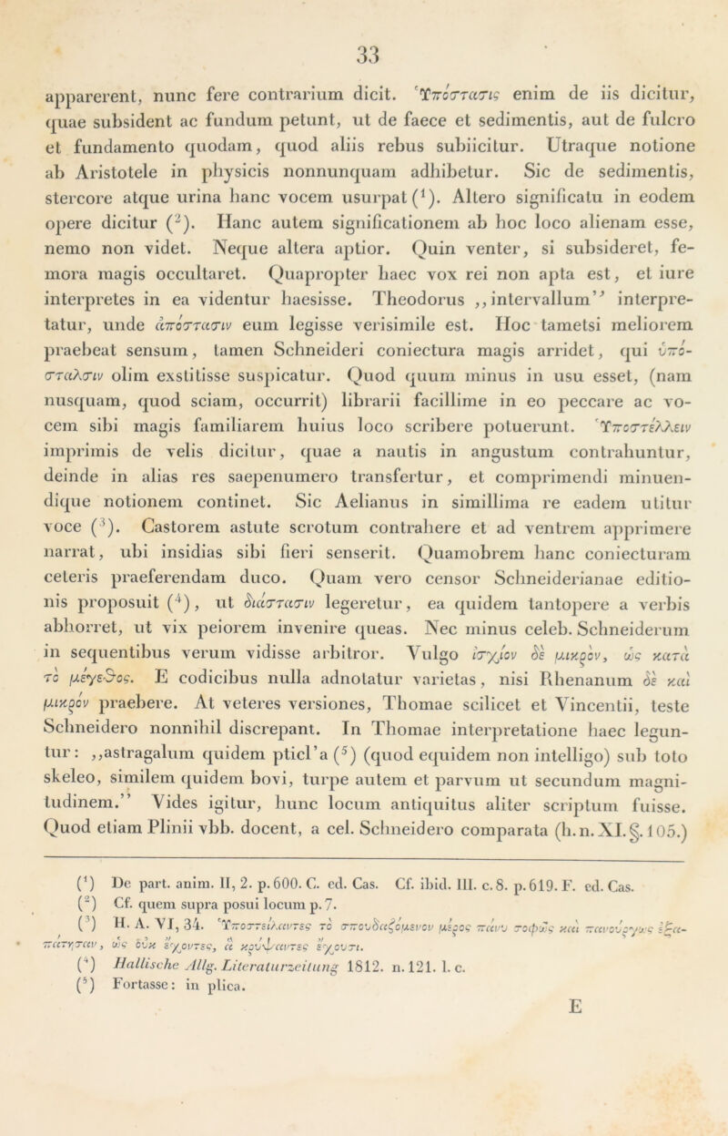apparerent, nunc fere contrarium dicit. '^77C7Ta7ig enim de iis dicitur, quae subsident ac fundum petunt, ut de faece et sedimentis, aut de fulcro et fundamento quodam, quod aliis rebus subiicitur. Utraque notione ab Aristotele in physicis nonnunquam adhibetur. Sic de sedimentis, stercore atque urina hanc vocem usurpat (^). Altero significatu in eodem opere dicitur (^). Hanc autem significationem ab hoc loco alienam esse, nemo non videt. Neque altera aptior. Quin venter, si subsideret, fe- mora magis occultaret. Quapropter haec vox rei non apta est, et iure interpretes in ea videntur haesisse. Theodorus ,, intervallum’^ interpre- tatur, unde aiTOTra^iv eum legisse verisimile est. Hoc‘tametsi meliorem praebeat sensum, tamen Schneideri coniectura magis arridet, qui vtto- (TtuXtiv olim exstitisse suspicatur. Quod quum minus in usu esset, (nam nusquam, quod sciam, occurrit) librarii facillime in eo peccare ac vo- cem sibi magis familiarem huius loco scribere potuerunt. imprimis de velis dicitur, quae a nautis in angustum contrahuntur, deinde in alias res saepenumero transfertur, et comprimendi minuen- dique notionem continet. Sic Aelianus in simillima re eadem utitur voce (^). Castorem astute scrotum contrahere et ad ventrem apprimere narrat, ubi insidias sibi fieri senserit. Quamobrem hanc coniecturam ceteris praeferendam duco. Q)uam vero censor Schneiderianae editio- nis proposuit (^), ut haTTccTiv legeretur, ea quidem tantopere a verbis ablxorret, ut vix peiorem invenire queas. Nec minus celeb. Schneiderum in sequentibus verum vidisse arbitror. Vulgo l^ryjcv wg yara ro iMy£&og. E codicibus nulla adnotatur varietas, nisi Rhenanum Se kcu fj.iz^Qv praebere. At veteres versiones, Thomae scilicet et Vincentii, teste Schneidero nonnihil discrepant. In Thomae interpretatione haec legun- tur: ,,astragalum quidem pticTa (^) (quod equidem non intelligo) sub toto skeleo, similem quidem bovi, turpe autem et parvum ut secundum magni- tudinem.” Vides igitur, hunc locum antiquitus aliter scriptum fuisse. Quod etiam Plinii vbb. docent, a cel. Schneidero comparata (h.n. XI. §.105.) (‘) De part. anini. II, 2. p. 600. C. ed. Cas. Cf. ibid. 111. c.8. p.619. F. ed. Cas. (^) Cf. quem supra posui locum p. 7. ( ) ^1^5 34. 'T7rOT7El?.CCl>TS^ 70 (T~0\jBci^0fXSl’CU IXEOOg 77UV‘J TOCpUJi^ y.Ui 77CCVO’JO''/'XC; ' t . , M t\ f I V ^ S / (jjg ovy E'^'/jiV7Eq, cc y^v\i/ctv7sg syjovri. (■*) Hallische ylllg. Literaturzeiliing 1812. ii. 121. 1. c. (®) Fortasse: in plica. E