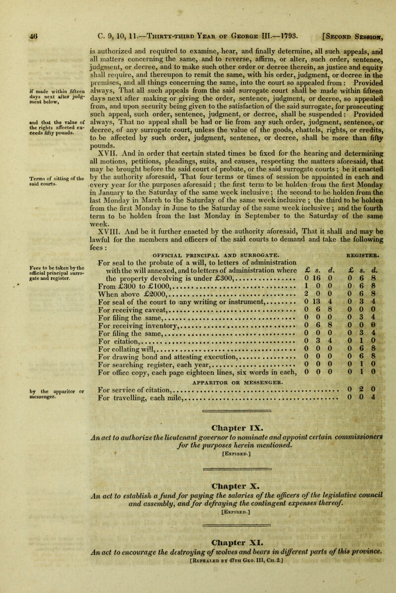 if made within fifteen days next after judg- ment below. and that the value of the rights affected ex- ceeds fifty pouuds. Terms of sitting of the said courts. Fees to he taken by the official principal surro- gate and register. by the apparitor or messenger. is authorized and required to examine, hear, and finally determine, all such appeals, and all matters concerning the same, and to reverse, affirm, or alter, such order, sentence, judgment, or decree, and to make such other order or decree therein, as justice and equity shall require, and thereupon to remit the same, with his order, judgment, or decree in the premises, and all things concerning the same, into the court so appealed from : Provided always, That all such appeals from the said surrogate court shall be made within fifteen days next after making or giving the order, sentence, judgment, or decree, so appealed from, and upon security being given to the satisfaction of the said surrogate, for prosecuting such appeal, such order, sentence, judgment, or decree, shall be suspended: Provided always, That no appeal shall be had or lie from any such order, judgment, sentence, or decree, of any surrogate court, unless the value of the goods, chattels, rights, or credits, to be affected by such order, judgment, sentence, or decree, shall be more than fifty- pounds. XVII. And in order that certain stated times be fixed for the hearing and determining all motions, petitions, pleadings, suits, and causes, respecting the matters aforesaid, that may be brought before the said court of probate, or the said surrogate courts ; be it enacted by the authority aforesaid, That four terms or times of session be appointed in each and every year for the purposes aforesaid ; the first term to be holden from the first Monday in January to the Saturday of the same week inclusive: the second to be holden from the last Monday in March to the Saturday of the same week inclusive ; the third to be holden from the first Monday in June to the Saturday of the same week inclusive ; and the fourth term to be holden from the last Monday in September to the Saturday of the same week. XVIII. And be it further enacted by the authority aforesaid, That it shall and may be lawful for the members and officers of the said courts to demand and take the following fees : OFFICIAL PRINCIPAL AND SURROGATE. REGISTER. For seal to the probate of a will, to letters of administration with the will annexed, and to letters of administration where £ s. d. £ s. d. the property devolving is under £300, 0 16 0 0 6 8 From £300 to £1000, 1 0 0 0 6 8 When above £2000, 2 0 0 0 6 8 For seal of the court to any writing or instrument, 0 13 4 0 3 4 For receiving caveat, 0 6 8 0 0 0 For filing the same, 0 0 0 0 3 4 For receiving inventory, 0 6 8 0 0 0 For filing the same, 0 0 0 0 3 4 For citation, 0 3 4 0 1 0 For collating will, 0 0 0 0 6 8 For drawing bond and attesting execution, 0 0 0 0 6 8 For searching register, each year, 0 0 0 0 1 0 For office copy, each page eighteen lines, six words in each, 0 0 0 0 1 0 APPARITOR OR MESSENGER. For service of citation, 0 2 0 For travelling, each mile, 0 0 4 Chapter IX. An act to authorize the lieutenant governor to nominate and appoint certain commissioners for the purposes herein mentioned. [Expired.] Chapter X. An act to establish a fund for paying the salaries of the officers of the legislative council and assembly, and for defraying the contingent expenses thereof. [Expired.] Chapter XI. An act to encourage the destroying of wolves and bears in different parts of this province.