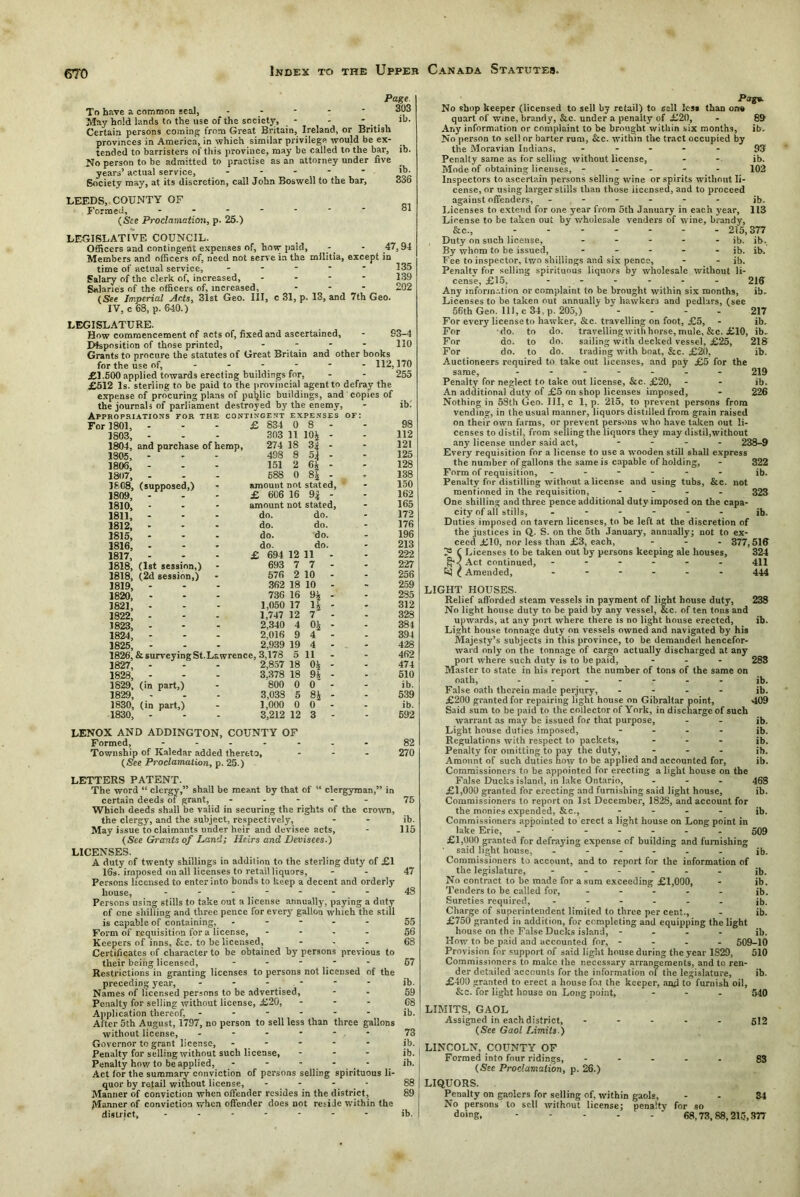 Page 303 ib. ib. ib. 336 81 To have a common seal, ■ May hold lands to the use of the society, - - * . Certain persons coming from Great Britain, Ireland, or British provinces in America, in which similar privilege would be ex- tended to barristers of this province, may be called to the bar, No person to be admitted to practise as an attorney under five years’ actual service, - Society may, at its discretion, call John Boswell to the bar, LEEDS, COUNTY OF Formed, ...... {See Proclamation, p. 25.) LEGISLATIVE COUNCIL. Officers and contingent expenses of, how paid, - - 47,94 Members and officers of, need not serve in the militia, except in time of actual service, ----- 335 Salary of the clerk of, increased, . - - - 139 Salaries of the officers of, increased, ... 202 {See Imperial Acts, 31st Geo. Ill, c 31, p. 13, and 7th Geo. IV, c 68, p. 640.) LEGISLATURE. How commencement of acts of, fixed and ascertained, - 83-4 Disposition of those printed, - - - - 110 Grants to procure the statutes of Great Britain and other books for the use of, ----- - 112,170 £1.500 applied towards erecting buildings for, - - 255 £512 Is. sterling to be paid to the provincial agent to defray the expense of procuring plans of public buildings, and copies of the journal, of parliament destroyed by the enemy, - ib. Appropriations for the contingent expenses of: 1801, ’ - . _ £ 834 0 8 - 98 1803, - . 303 11 10i - 112 1804, and purchase of hemp, 274 18 3| - 121 1305, - - 493 8 54 - 125 1806, - - 151 2 64 - 128 1807, - _ - 588 0 84 - 138 1808, (supposed,) * amount not stated, 150 1809, - _ - £ 606 16 94 - 162 1810, - . amount not stated. 165 1811, - . . do. do. 172 1812, - . • do. do. 176 1815, - - - do. do. 196 1816, - . • do. do. 213 1817. - . • £ 694 12 11 - 222 1818, (1st session,) . 693 7 7 - 227 1818, (2d session,) . 576 2 10 - 256 1819, - . . 362 18 10 - 259 1820, - - . 736 16 94 - 285 1821, - . - 1,050 17 n - 312 1822, - . 1,747 12 7 - 328 1823, - . _ 2,340 4 04 - 384 1824, - - . 2,016 9 4 - 394 1825. - . . 2,939 19 4 - 428 1826, &surveyingSt.L awrence, 3,178 5 11 - 462 1827, - - - 2,857 18 04 - 474 1828, - . - 3,378 18 94 - 510 1829, (in part,) - 800 0 O' - ib. 1829, - _ . 3,033 5 84 - 539 1830, (in part,) - 1,000 0 0 - ib. 1830, - - * 3,212 12 3 - 592 LENOX AND ADDINGTON, COUNTY OF Formed, - Township of Kaledar added thereto, {See Proclamation, p. 25.) 82 270 LETTERS PATENT. The word “ clergy,” shall be meant by that of “ clergyman,” in certain deeds of grant, ----- 75 Which deeds shall be valid in securing the rights of the crown, the clergy, and the subject, respectively, - - ib. May issue to claimants under heir and devisee acts, - 115 {See Grants of Land; Heirs and Devisees.) LICENSES. A duty of twenty shillings in addition to the sterling duty of £1 16s. imposed on all licenses to retail liquors, - - 47 Persons licensed to enter into bonds to keep a decent and orderly house, - - - - - - 48 Persons using stills to take out a license annually, paying a duty of one shilling and three pence for every gallon which the still is capable of containing, ----- 55 Form of requisition for a license, - 56 Keepers of inns, &c. to be licensed, ... 68 Certificates of character to be obtained by persons previous to their being licensed, - - - - 67 Restrictions in granting licenses to persons not licensed of the preceding year, - - - , - - - ib. Names of licensed persons to be advertised, - - 59 Penalty for selling without license, £20, - - - cs Application thereof, ------ ib. After 5th August, 1797, no person to sell less than three gallons without license, - - - - - - 73 Governor to grant license, - - - - ib. Penalty for selling without such license, - - - ib. Penalty how to be applied, ----- ih. Act lor the summary conviction of persons selling spirituous li- quor by retail without license, - - - 88 Manner of conviction when offender resides in the district, 89 Manner of conviction when offender does not resile within the district, ....--- ib. Pogs, No shop keeper (licensed to sell by retail) to sail less than one quart of wine, brandy, Sic. under a penalty of £20, - 89 Any information or complaint to be brought within six months, ib. No person to sell or barter rum, &c. within the tract occupied by the Moravian Indians, ----- 93 Penalty same as for selling without license, - - ib. Mode of obtaining licenses, ----- 102 Inspectors to ascertain persons selling wine or spirits without li- cense, or using larger stills than those licensed, and to proceed against offenders, ------ ib. Licenses to extend for one year from 5th January in each year, 113 License to be taken out by wholesale venders of wine, brandy, &c., 215,377 Duty on such license, - - - - - ib. ib. By whom to be issued, - - - - - ib. ib. Fee to inspector, two shillings and six pence, - - ih. Penalty for selling spirituous liquors by wholesale without li- cense, £15, ------ 216 Any information or complaint to be brought within six months, ib. Licenses to be taken out annually by hawkers and pedlars, (see 56th Geo. Ill, c 34, p. 205,) - - - - 217 For every license to hawker, &c. travelling on foot, £5, - ib. For do. to do. travelling with horse, mule, &c. £10, ib. For do. to do. sailing with decked vessel, £25, 218 For do. to do. trading with boat, &c. £20, ib. Auctioneers required to take out licenses, and pay £5 for the same, ------- 219 Penalty for neglect to take out license, Sic. £20, - - ib. An additional duty of £5 on shop licenses imposed, - 226 Nothing in 58th Geo. Ill, c 1, p. 215, to prevent persons from vending, in the usual manner, liquors distilled from grain raised on their own farms, or prevent persons who have taken out li- censes to distil, from selling the liquors they may distil,without any license under said act, .... 238-9 Every requisition for a license to use a wooden still shall express the number of gallons the same is capable of holding, - 322 Form of requisition, ------ ib. Penalty for distilling without a license and using tubs, &c. not mentioned in the requisition, - - - - 323 One shilling and three pence additional duty imposed on the capa- city of all stills, ------ jb. Duties imposed on tavern licenses, to be left at the discretion of the justices in Q. S. on the 5th January, annually; not to ex- ceed £10, nor less than £3, each, ... 377^35 ? C Licenses to be taken out by persons keeping ale houses, 324 Act continued, ------ 411 (_ Amended, ------ 444 LIGHT HOUSES. Relief afforded steam vessels in payment of light house duty, 238 No light house duty to be paid by any vessel, &c. of ten tons and upwards, at any port where there is no light house erected, ib. Light bouse tonnage duty on vessels owned and navigated by his Majesty’s subjects in this province, to be demanded hencefor- ward only on the tonnage of cargo actually discharged at any port where such duty is to be paid, ... 283 Master to state in his report the number of tons of the same on oath, ------- jb. False oath therein made perjury, .... jb. £200 granted for repairing light house on Gibraltar point, 409 Said sum to be paid to the collector of York, in discharge of such warrant as may be issued for that purpose, - - ib. Light house duties imposed, - ib. Regulations with respect to packets, ... jb. Penalty for omitting to pay the duty, ... jb. Amount of such duties how to be applied and accounted for, ib. Commissioners to be appointed for erecting a light house on the False Ducks island, in lake Ontario, ... 468 £1,000 granted for erecting and furnishing said light house, ib. Commissioners to report on 1st December, 1828, and account for the monies expended, &c., - ib. Commissioners appointed to erect a light house on Long point in lake Erie, - 509 £1,000 granted for defining expense of building and furnishing said light house, ------ ib. Commissioners to account, and to report for the information of the legislature, ------ ;b. No contract to be made for a sura exceeding £1,000, - ib. Tenders to be called for, - - - - ib. Sureties required, ------ jb. Charge of superintendent limited to three per cent., - ib. £750 granted in addition, for completing and equipping the light house on the False Ducks island, - ib. How to be paid and accounted for, - - - - 509-10 Provision for support of said light house during the year 1829, 510 Commissioners to make the necessary arrangements, and to ren- der detailed accounts for the information of the legislature, ib. £400 granted to erect a house fo.i the keeper, and to furnish oil, &c. for light house on Long point, ... 540 LIMITS, GAOL Assigned in each district, ----- 532 {See Gaol Limits.) LINCOLN, COUNTY OF Formed into four ridings, ----- 83 {See Proclamation, p. 26.) LIQUORS. Penalty on gaolers for selling of, within gaols, - - 34 No persons to sell without license; penalty for so doing, ' 68,73,88,215,377