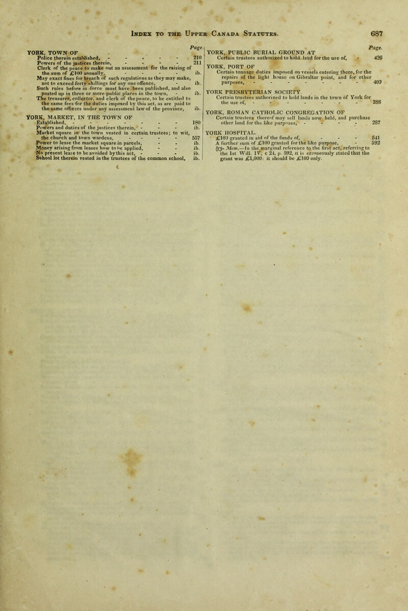 Page. YORK, TOWN OF Police therein established, - - - - 210 Powers of the justices therein, .... 211 Clerk of the peace to make out an assessment for the raising of the sum of £100 annually. .... ib. May exact fines for breach of such regulations as they may make, not to exceed forty shillings for any one offence, - ib. Such rules before in force must have been published, and also posted up in three or more public places in the town, - ib. The treasurer, collector, and clerk of the peace, to be entitled to the same fees for the duties imposed by this act, as are paid to the same officers under any assessment law of the province, ib. YORK, MARKET, IN THE TOWN OF Established, ------- Powers and duties of the justices therein, ... Market square in the town vested in certain trustees; to wit, the church and town wardens, - - Power to lease the market square in parcels, Money arising from leases how to he applied, No present lease to be avoided by this act, - - - School lot therein vested in the trustees of the common school. 180 ib. 557 ib. ib. ib. ib. YORK, PUBLIC BURIAL GROUND AT Certain trustees authorized to hold land for the use of. Page. 426 YORK,PORT OF Certain tonnage duties imposed on vessels entering there, for the repairs of the light house on Gibraltar point, and for other purposes, ....... 403 YORK PRESBYTERIAN SOCIETY. Certain trustees authorized to hold lands in the town of York for the use of, - - - ... - 388 YORK, ROMAN CATHOLIC CONGREGATION OF Certain trustees thereof may sell lands now held, and other land for the like purposes, - - - purchase 287 YORK HOSPITAL. £10!) granted in aid of the funds of, ... 541 A further sum of £100 granted for the like purpose, - 592 Mem.— In the marginal reference to the first act, referringto the 1st Will. IY, c 24, p. 592, it is erroneously stated that the grant was £1,000: it should be £100 only. <