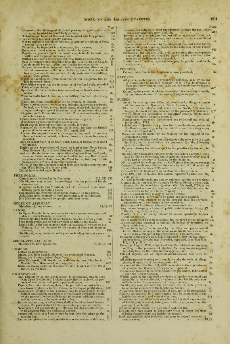 Page. Guernsey, &c. tonnage of ships and package of goods, viz.: spi- rits, one hundred tons and forty gallons, - 639 Tobacco, one hundred tons and four hundred and fifty pounds, i!>. Wine, sixty tons and twenty gallons, ... ib. Not to extend to vessels often tons, supplying the island of Sark, having license to do so, ..... jb. Wine may be imported into Guernsey, &c. in cases, - ib. On exportation of wine in bottles, bond to be given, - ib. Penalty on persons found on board vessels liable to forfeiture, within one league of Guernsey, &c. ... jb. British coals not to be re-exported from British possessions, 640 Duty on rum or spirits imported from the West Indies to Canada, ib. Certain goods brought inland into Canada for exportation, ib. Duty on wheat flour imported from a warehouse direct to any British possession in the West Indies or South America, liable to a duty of one shilling per barrel only, insteadof five shillings, as per table, p. 626, - - - - 640 Goods not deemed the produce of the United Kingdom, &c. un- less imported direct, ..... 642 Prohibition respecting the importation of beef and pork, repealed, ib. Table of new duties, ..... 643 Spirits of the West Indies from one colony in North America to another, ------- ib. Wine in casks from Gibraltar, orin bottles fromtheUnited King- dom, ..... - ib. Masts, &c. from Canada deemed the produce of Canada, - ib. Masts, timber,staves, wood hoops, shingles, lathwood, cordwood for fuel, raw hides, tallow, fresh meat, fresh fish, horses, car- riages, and equipages of travellers, may be imported duty free, ib. Kingston, in U. C. and Montreal, in L. C. to be warehousing ports in certain cases, - ib. Goods passed from frontier ports to warehouse ports, - ib. Warehoused goods removed to another port, - - ib. Small vessels importing prohibited goods, forfeited, - ib. Repeal of duties on the importation of corn, &c. into the British possessions in America, after 15th April, 1831, - - 647 Also on the importation of com or grain, unground; of meal or flour, not made of wheat; of bread, biscuit, rice, or live stock, repealed, ------- ib. Also on wheat flour, or of beef, pork, hams, or bacon, or of wood or lumber, ------- ib. Duties on the importation of wood or lumber into Nova Scotia, New Brunswick, or Prince Edward’s island, repealed, - ib. And also the duties on the importation of wheat flour, beef, pork, hams, or bacon, or upon wood or lumber, into any British pos- sessions in South America or the West Indies, from any British possessions in North America, repealed, - - ib. Duties of importation upon lumber from any foreign country into the West Indies, &c. as per table, ... 648 Duties how levied and collected, .... ib. FREE PORTS. Certain ports declared to be free ports, - - 615,625,632 His Majesty may extend the privileges to other ports not herein enumerated, -....- 625 Kingston, in U. C. and Montreal, in L. C. declared to be ware- housing ports in certain cases, .... 643 Importation and exportation of goods confined to free ports, 625 And if imported contrary to such prohibition, to be forfeited, 640 His Majesty empowered to appoint other free ports, - 633 HOUSE OF ASSEMBLY. Members of, how chosen, .... 14,16,17 LANDS, In Upper Canada, to he granted in free and common soccage; and also in Lower Canada, if desired, ... 20 Persons holding lands in Upper Canada may have fresh grants, ib. Such fresh grants not to bar any right or title to the lands, 21 Lands held in fief and seignory may, on petition of owners to his Majesty, &c, he changed to the tenure of free and common soccage, ------- 640 His Majesty may commute with persons holding lands at cens et rentes, ------- ib. LEGISLATIVE COUNCIL. Members of, how appointed, - - - 8,12,13, 641 LUMBER. Duties on importation, ..... 626 Masts, &c. from Canada, deemed the produce of Canada, 643 Masts, &c. brought inland duty free, ... jb. After 15th April, 1831, the duties on all descriptions of lumber into Canada, New Brunswick, &c. repealed, ... 647 Duties on the importation of certain kinds oflumber into the West Indies, as per table, ..... 648 NEWSPAPERS, And printed votes and proceedings in parliament, may be sent from Great Britain and Ireland to any British colony, on pay- ment of one penny half penny' per each paper, - - 611 Papers, &c. liable to stamp duty to be put into the post office at any town or place in Great Britain, on the day of publication, 612 Newspapers printed in the colonies may be conveyed to Great Britain and Ireland, on payment of the sum of three pence each, by the person to -whom addressed, to be sent without a cover, or if with cover, to be open at the sides, - - ib. In case any writing or other thing shall be found enclosed in such papers, the packet shall be charged treble postage of a letter, ib. Newspapers not put into the post office on the day of publication, to be charged with the postage of a letter, - - ib. Papers published of a Sunday may be Iput into the office on the ensuing day, - - - - “ _ - ib. Postmaster general to make regulations as to the time of delivery, ib. Page. Persons not obliged to send such papers through the post office, but in any way they may think lit, ... 612 Powers of acts relating to the post office extended to this act, ib. Monies arising by the postage, to be carried to the consolidated fund, - - - - - - ib. Compensation to be made to the officers of the post office having the privilege of franking papers to the colonies, for the reduc- tion of their emoluments, ----- 61S So much of the 42d Geo. Ill, c 63, as requires that newspapers sent by the post free, should be signed on the outside by the member of parliament, &c. repealed, - - - ib. Limitations of actions; general issuejnay be pleaded, and treble cost£ given, ...... ib. OFFENCES, Committed in the Indian territories; how punished, 22 PATENTS. All powers vested in the governors of colonies, &c. by patent or commission of his late Majesty, (Geo. IV,) to continue in force until new patents shall be issued and made known in such colonies, ------- 647 Extending the period at which patents shall become determinable, at any future demise of the crown, to eighteen months, ib. QUEBEC. An act for making more effectual provision for the government of the province of Quebec, in North America, - 6 The territories, islands, and countries, in North America, be- longing to Great Britain, annexed to the province of Quebec, 6, 7 Not to affect the boundaries of any other colony, nor to make void other rights formerly granted, ... 7 Former provisions made for the province to be null and void, af- ter 1st May, 1775, ------ jb. Inhabitants of Quebec may profess the Romish religion, subject to the King’s supremacy, as by the 1st Eliz. and the clergy enjoy their accustomed dues, ----- jb. Provision may be made by his Majesty for the support of the protestant clergy, ------ ib. No person professing the Romish religion obliged to take the oath 1st Eliz., but to take before the governor, &c. the following oath; form thereof, ----- il>. Persons refusing the oath, subject to the penalties by the act, 1st Eliz., - •■ - .'. ’  ” ib. His Majesty’s Canadian subjects (religious orders excepted) may hold all their possessions, and in matters of controversy, resort to be had to the laws of Canada for the decision, - 8 Not to extend to lands granted by his Majesty in common soccage, ib. Owners of goods may alienate the same by will, &c. if executed according to the laws of Canada, - - - - jb. Criminal law of England to be continued in the province, ib. ITIie 13th, 14th, and 15th clauses repealed by 31 st Geo. Ill, c 31, p. 12.] All acts formerly made are hereby enforced within the province, 9 Certain duties imposed by his most Christian Majesty upon rum, brandy, &c. imported into Quebec, after 5th April, 1775, to be discontinued within the province, and instead thereof, certain other duties to be paid to his Majesty, - - - jb. Rates deemed sterling money of Great Britain, - - 10 How to be levied; to whom to be paid; and how applied, ib. Regulations with respect to goods brought into tlie province, chargeable with the duties before mentioned, - - ib. Penalties and forfeitures where to be prosecuted, itc. - ib. Any person keeping a house of public entertainment to pay £1 16s. sterling for a license, ----- ib. Penalty of £10 for every offence [of selling spirituous liquors without license, - - - - 11 Not to make void French revenues, &c. reserved at the conquest, ib. In suits brought pursuant to this act, defendant, if acquitted, to have treble costs, ------ jb. No tax to be hereafter imposed by the King and parliament of Great Britain on any of the colonies in North America or the West Indies, except for the regulation of commerce, &c., ib. So much of theact 7th Geo. Ill, as imposes a duty on tea import- ed from Great Britain into America, repealed, (see 31st Geo. Ill, c 11, p. 21,) - - - - ib. From 1st August, 1790, subjects of the United States of America settling in the province of Quebec, &o. may import negroes, &c. duty free, to the value herein specified, &c. - - 12 Sales of negroes, &c. so imported within twelve months to be void, - ----- ib. All white persons coming so to reside, to take the oath of allegi- giance, if upwards of fourteen years old, - - ib. So much of the 14th Geo. Ill, c 83, as relates to the appointment of a council for Quebec, or its powers, repealed, - ib. Province of Quebec to be divided into two provinces, to be called Upper and Lower Canada, .... 13 Within each of the intended provinces ,a legislative council and assembly' to be constituted, by whose advice his Majesty may make laws for the government of the provinces, - ib. His Majesty may authorize the governor, etc. of each province to summons members to the legislative council, - - ib. No persons under twenty-one years of age, etc. to be summoned, ib. Persons naturalized in Upper Canada may be summoned to the legislative council, and vote at elections, - - 641 No naturalization bill to have any effect until it shall have receiv- ed his Majesty’s assent, to be given within two years from the passing of such bill, ----- jb. Members of the council to hold their seats for life, - 13 His Majesty may annex to hereditary titles of honor the right of being summoned to the legislative council, - - 13 Such descendible right forfeited, and scats in council vacated, in certain cases, - - - - - -13,14