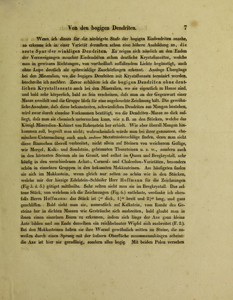 Wenn ich dieses für die niedrigste Stufe der bogigen Eisdendriten ansehe, so erkenne ich in einer Varietät derselben schon eine höhere Ausbildung an, die erste Spur der winkligen Dendriten. Es zeigen sich nämlich an den Enden der Verzweigungen mancher Eisdendriten schon deutliche Krystallansätze, welche man in gewissen Richtungen, von vorteilhaft auffallendem Lichte begünstigt, auch ohne Lupe deutlich als spitzwinklige Zuschärfungen erkennt. Analoge Übergänge bei den Mineralien, wo die bogigen Dendriten mit Kryställansatz terminirt werden, beschreibe ich nachher. Zuvor schildere ich die bogigen Dendriten ohne deut- lichen Krystallansatz auch bei den Mineralien, wo sie eigentlich zu Hause sind, und bald sehr körperlich, bald so fein erscheinen, dafs man an der Gegenwart einer Masse zweifelt und die Gruppe blofs für eine angehauchte Zeichnung hält. Die gewöhn- liche Annahme, dafs diese bekanntesten, schwärzlichen Dendriten aus Mangan bestehen, wird zwar durch einzelne Vorkommen bestätigt, wo die Dendriten-Masse so dick auf- liegt, dafs man sie chemisch untersuchen kann, wie z. ß. an den Stücken, welche das Königl. Mineralien-Kabinet von Rabenstein her erhielt. Wie aber überall Mangan hin- kommen soll, begreift man nicht; wahrscheinlich würde man bei ihrer genaueren, che- mischen Untersuchung auch noch andere Metallniederschläge finden, denn man sieht diese Bäumchen überall verbreitet, nicht allein auf Steinen von weicherem Gefüge, wie Mergel, Kalk- und Sandstein, gebrannten Thonsteinen u. s. w., sondern auch in den härtesten Steinen als im Granit, und selbst im Quarz und Bergkrystall, sehr häufig in den verschiedenen Achat-, Caraeol- und Chalcedon-Varietäten, besonders schön in einzelnen Gruppen in den bekannten Mokkasteinen. Am häufigsten finden sie sich im Mokkastein, wenn gleich nur selten so schön wie in den Stücken, welche mir der hiesige Edelstein-Schleifer Herr Iloffmann für die Zeichnungen (Fig 3. 4. 5.) gütigst mittheilte. Sehr selten sieht man sie im Bergkrystall. Das sel- tene Stück, von welchem ich die Zeichnungen (Fig. 6.) entlehnte, verdanke ich eben- falls Herrn Höffmann: das Stück ist ^// dick, breit und 2|// lang, und ganz geschliffen. Bald sieht man sie, namentlich auf Kalkstein, vom Rande des Ge- steins her in dichten Massen wie Gesträuche sich ausbreiten, bald glaubt man in ihnen einen einzelnen Baum zu erkennen, indem sich längs der Axe ganz kleine Äste bilden und am Ende derselben ein reichbebauter Wipfel sich ausbreitet (F. 2.). Bei den Mokkasteinen haben sie ihre Wurzel gewöhnlich mitten im Steine, die zu- weilen durch einen Sprung mit der äufsern Oberfläche zusammenzuhängen scheint: die Axe ist hier nie geradlinig, sondern alles bogig. Mit beiden Polen versehen