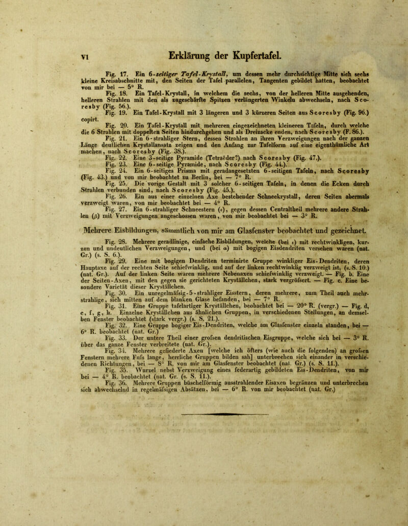 Fig. 17. Ein 6-seitiger Tafel-Krystall, um dessen mehr durchsichtige Mitte sich sechs kleine Kreisabschnitte mit, den Seiten der Tafel parallelen, Tangenten gebildet hatten, beobachtet von mir bei — 5° R. Fig. 18. Ein Tafel-Krystall, in welchem die sechs, von der helleren Mitte ausgehenden, helleren Strahlen mit den als zugeschärfte Spitzen verlängerten Winkeln abwechseln, nach Sco- resby (Fig. 56.). Fig. 19. Ein Tafel-Krystall mit 3 längeren und 3 kürzeren Seiten aus Scoresby (Fig. 96.) copirt. Fig. 20. Ein Tafel-Krystall mit mehreren eingezeichncten kleineren Tafeln, durch welche die 6 Strahlen mit doppelten Seiten hindurchgehen und als Dreizacke enden, nach Scoresby (F. 86.). Fig. 21. Ein 6-straliliger Stern, dessen Strahlen an ihren Verzweigungen nach der ganzen Länge deutlichen Krystallansatz zeigen und den Anfang zur Tafelform auf eine cigenthümliche Art machen, nach Scoresby (Fig. 38.). Fig. 22. Eine 3-seitige Pyramide (Tetraeder?) nach Scoresby (Fig. 47.). Fig. 23. Eine 6-seitige Pyramide, nach Scoresby (Fig. 44.). Fig. 24. Ein 6-seifiges Prisma mit geradangesetzten 6-seitigen Tafeln, nach Scoresby (Fig. 43.) und von mir beobachtet zu Berlin, bei — 7° R. Fig. 25. Die vorige Gestalt mit 3 solcher 6-seitigen Tafeln, in denen die Ecken durch Strahlen verbunden sind, nach Scoresby (Fig. 45.). Fig. 26. Ein aus einer einzelnen Axe bestehender Schneekrystall, deren Seiten abermals verzweigt waren, von mir beobachtet bei — 4° R. Fig. 27. Ein 6-straliliger Schneestern (e), gegen dessen Centraltheil mehrere andere Strah- len (ß) mit Verzweigungen angeschossen waren, von mir beobachtet bei — 3° R. Mehrere Eisbildungen, sämmtlich von mir am Glasfenster beobachtet und gezeichnet Fig. 28. Mehrere geradlinige, einfache Eisbildungen, welche (bei e) mit rechtwinkligen, kur- zen und undeutlichen Verzweigungen, und (bei a) mit bogigen Eisdendriten versehen waren (nat. Gr.) (s. S. 6.). Fig. 29. Eine mit bogigen Dendriten terminirte Gruppe winkliger Eis - Dendriten, deren Hauptaxe auf der rechten Seite schiefwinklig, und auf der linken rechtwinklig verzweigt ist, (s. S. 10.) (nat. Gr.). Auf der linken Seite waren mehrere Nebenaxen schiefwinklig verzweigt. — Fig. b. Eine der Seiten-Axen, mit den gegen sie gerichteten Kryställchcn, stark vergröfsert. — Fig. c. Eine be- sondere Varietät dieser Kryställcben. Fig. 30. Ein unregelmäfsig-5-strahliger Eisstern, deren mehrere, zum Theil auch mehr- strahlige, sich mitten auf dem blanken Glase befanden, bei — 7° R. Fig. 31. Eine Gruppe tafelartiger Kryställcben, beobachtet bei — 20° R. (vergr.) — Fig. d, c, f, g, h. Einzelne Kryställcben aus ähnlichen Gruppen, in verschiedenen Stellungen, an demsel- ben Fenster beobachtet (stark vergr.) (s. S. 21.). Fig. 32. Eine Gruppe bogiger Eis-Dendriten, welche am Glasfenster einzeln standen, bei — 6° R. beobachtet (nat. Gr.) Fig. 33. Der untere Theil einer grofsen dendritischen Eisgruppe, welche sich bei — 3° R. über das ganze Fenster verbreitete (nat. Gr.). Fig. 34. Mehrere gefiederte Axen [welche ich öfters (wie auch die folgenden) an grofsen Fenstern mehrere Fufs lange, herrliche Gruppen bilden sah] unterbrechen sich einander in verschie- denen Richtungen, bei — 8° R. von mir am Glasfcnster beobachtet (nat. Gr.) (s. S. 11.). Fig. 35. Wurzel nebst Verzweigung eines federartig gebildeten Eis-Dendriten, von mir bei — 4° ^R. beobachtet (nat. Gr. (s. S. 11.). Fig. 36. Mehrere Gruppen büschelförmig ausstrahlender Eisaxen begränzen und unterbrechen sich abwechselnd in regclmäfsigen Absätzen, bei — 6° R. von mir beobachtet (nat. Gr.)