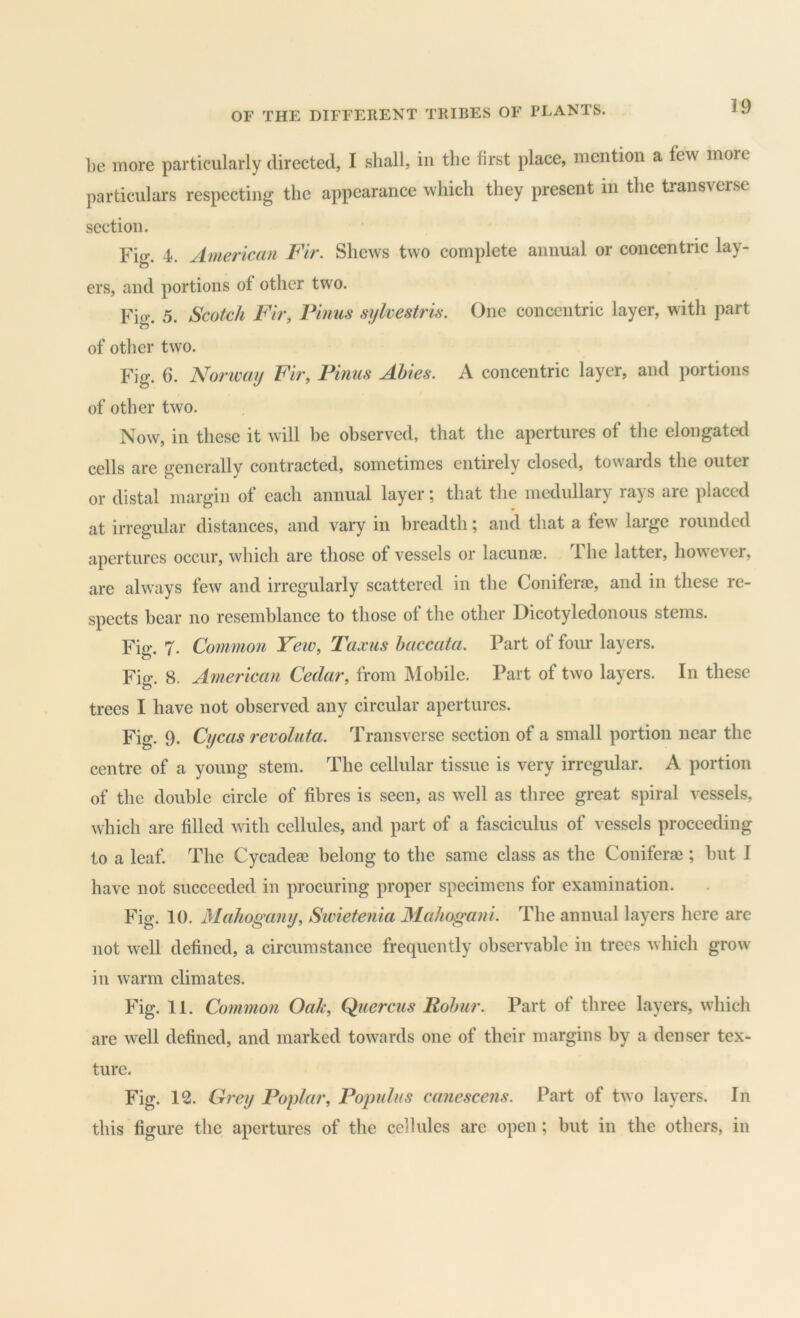 be more particularly directed, I shall, in the first place, mention a few more particulars respecting the appearance which they present in the transverse section. Fig. 4. American Fir. Shews two complete annual or concentric lay- ers, and portions of other two. Fig. 5. Scotch Fir, Finus sylvestris. One concentric layer, with part of other two. Fig. 6. Norway Fir, Finns Abies. A concentric layer, and portions of other two. Now, in these it will he observed, that the apertures of the elongated cells are generally contracted, sometimes entirely closed, towards the outer or distal margin of each annual layer; that the medullary rays are placed at irregular distances, and vary in breadth; and that a tew large rounded apertures occur, which are those of vessels or lacunae. The latter, however, are always few and irregularly scattered in the Coniterae, and in these re- spects hear no resemblance to those of the other Dicotyledonous stems. Fig. 7. Common Yew, Taxus haccata. Part of four layers. Fio*. 8. American Cedar, from Mobile. Part of two layers. In these trees I have not observed any circular apertures. Fig. 9. Cycas revoluta. Transverse section of a small portion near the centre of a young stem. The cellular tissue is very irregular. A portion of the double circle of fibres is seen, as well as three great spiral vessels, which are filled with cellules, and part of a fasciculus of vessels proceeding to a leaf The Cycadeac belong to the same class as the Coniferse ; but I have not succeeded in procuring proper specimens for examination. Fig. 10. Mahogany, Swietenia Mcdiogani. The annual layers here arc not well defined, a circumstance frequently observable in trees which grow in warm climates. Fig. 11. Common Oak, Quercus Rohur. Part of three layers, which are well defined, and marked towards one of their margins by a denser tex- ture. Fig. 12. Grey Foplar, Fopnhis canescens. Part of two layers. In this figure the apertures of the cellules are open; but in the others, in