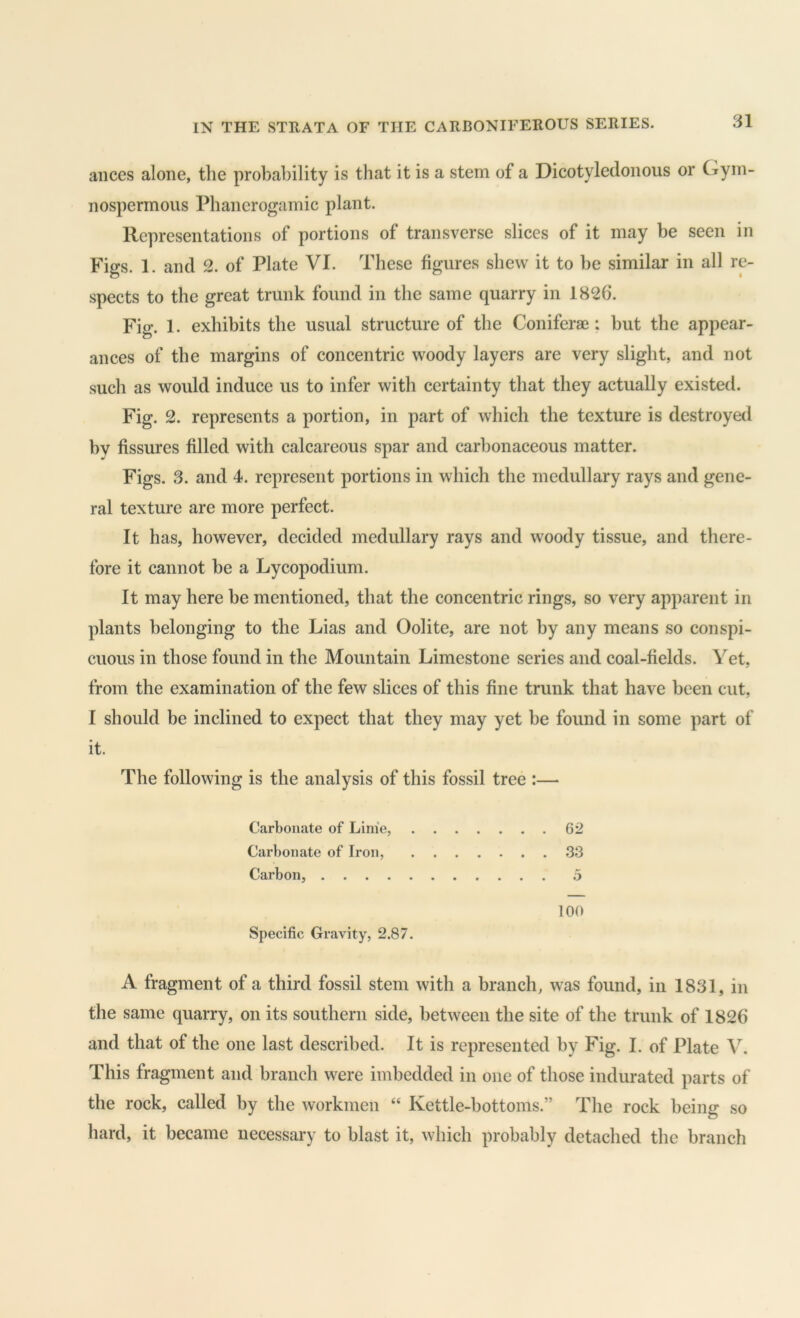 ances alone, the probability is that it is a stem of a Dicotyledonous or Gym- nospermous Phanerogamic plant. Representations of portions of transverse slices of it may be seen in Figs. 1. and 2. of Plate VI. These figures shew it to be similar in all re- spects to the great trunk found in the same quarry in 1826. Fig. 1. exhibits the usual structure of the Coniferae: but the appear- ances of the margins of concentric woody layers are very slight, and not such as would induce us to infer with certainty that they actually existed. Fig. 2. represents a portion, in part of which the texture is destroyed by fissures filled with calcareous spar and carbonaceous matter. Figs. 3. and 4. represent portions in which the medullary rays and gene- ral texture are more perfect. It has, however, decided medullary rays and woody tissue, and there- fore it cannot be a Lycopodium. It may here be mentioned, that the concentric rings, so very apparent in plants belonging to the Lias and Oolite, are not by any means so conspi- cuous in those found in the Mountain Limestone series and coal-fields. Yet, from the examination of the few slices of this fine trunk that have been cut, I should be inclined to expect that they may yet be found in some part of it. The following is the analysis of this fossil tree :— Carbonate of Linie, Carbonate of Iron, Carbon, Specific Gravity, 2.87. A fragment of a third fossil stem with a branch, was found, in 1831, in the same quarry, on its southern side, between the site of the trunk of 1826 and that of the one last described. It is represented by Fig. I. of Plate Y. This fragment and branch were imbedded in one of those indurated parts of the rock, called by the workmen “ Kettle-bottoms.” The rock being so hard, it became necessary to blast it, which probably detached the branch 62 33 5 100