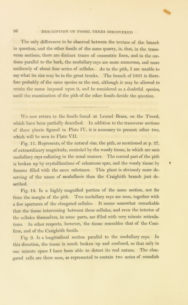 The only differences to be observed between the texture of the branch in question, and the other fossils of the same quarry, is, that, in the trans- verse sections, there are distinct traces of concentric lines, and in the sec- tions parallel to the bark, the medullary rays are more numerous, and more uniformly of about four series of cellules. As to the pith, I am unable to say what its size may be in the great trunks. The branch of 1831 is there- fore probably of the same species as the rest, although it may be allowed to retain the name imposed upon it, and be considered as a doubtful species, until the examination of the pith of the other fossils decide the question. We now return to the fossils found at Lennel Braes, on the Tweed, which have been partially described. In addition to the transverse sections of these plants figured in Plate IV, it is necessary to present other two, which will be seen in Plate VII. Fig. 11. Represents, of the natural size, the pith, as mentioned at p. 27, of extraordinary magnitude, encircled by the woody tissue, in which are seen medullary rays radiating in the usual manner. The central part of the pith is broken up by crystallizations of calcareous spar, and the woody tissue by fissures filled with the same substance. This plant is obviously more de- serving of the name of medidlaris than the Craigleith branch just de- scribed. Fig. 12. Is a highly magnified portion of the same section, not far from the margin of the pith. Two medullary rays are seen, together with a few apertures of the elongated cellules. It seems somewhat remarkable that the tissue intervening between these cellules, and even the interior of the cellules themselves, in some parts, are filled with very minute reticula- tions. In other respects, however, the tissue resembles that of the Coni- ferae, and of the Craigleith fossils. Fig. 9. Is a longitudinal section parallel to the medullary rays. In this direction, the tissue is much broken up and confused, so that only in one minute space I have been able to detect its real nature. The elon- gated cells are there seen, as represented to contain two series of roundish