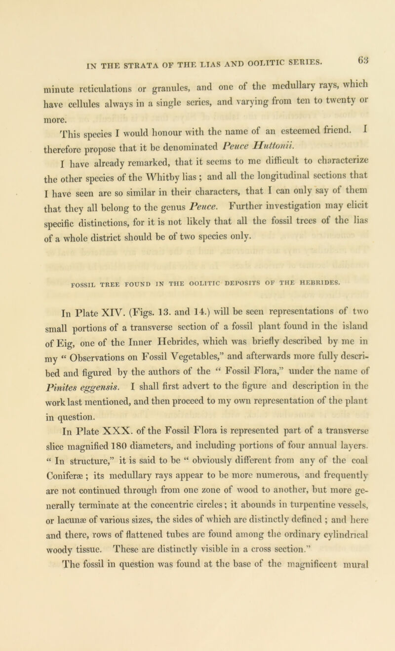 minute reticulations or granules, and one of the medullary rays, which have cellules always in a single series, and varying from ten to twenty or more. This species I would honour with the name of an esteemed friend. I therefore propose that it be denominated / cute Uuttouii. I have already remarked, that it seems to me difficult to characterize the other species of the Whitby lias ; and all the longitudinal sections that I have seen are so similar in their characters, that I can only say of them that they all belong to the genus Fence. Further investigation may elicit specific distinctions, for it is not likely that all the fossil trees of the lias of a whole district should be of two species only. FOSSIL TREE FOUND IN THE OOLITIC DEPOSITS OF THE HEBRIDES. In Plate XIV. (Figs. 13. and 14.) will be seen representations of two small portions of a transverse section of a fossil plant found in the island of Eig, one of the Inner Hebrides, which was briefly described by me in my “ Observations on Fossil Vegetables,” and afterwards more fully descri- bed and figured by the authors of the “ Fossil Flora,” under the name of Finites eggensis. I shall first advert to the figure and description in the work last mentioned, and then proceed to my own representation of the plant in question. In Plate XXX. of the Fossil Flora is represented part of a transverse slice magnified 180 diameters, and including portions of four annual layers. “ In structoe,” it is said to be “ obviously different from any of the coal Coniferae; its medullary rays appear to be more numerous, and frequently are not continued through from one zone of wood to another, but more ge- nerally terminate at the concentric circles; it abounds in turpentine vessels, or lacunae of various sizes, the sides of which are distinctly defined ; and here and there, rows of flattened tubes are found among the ordinary cylindrical woody tissue. These are distinctly visible in a cross section.” The fossil in question was found at the base of the magnificent mural