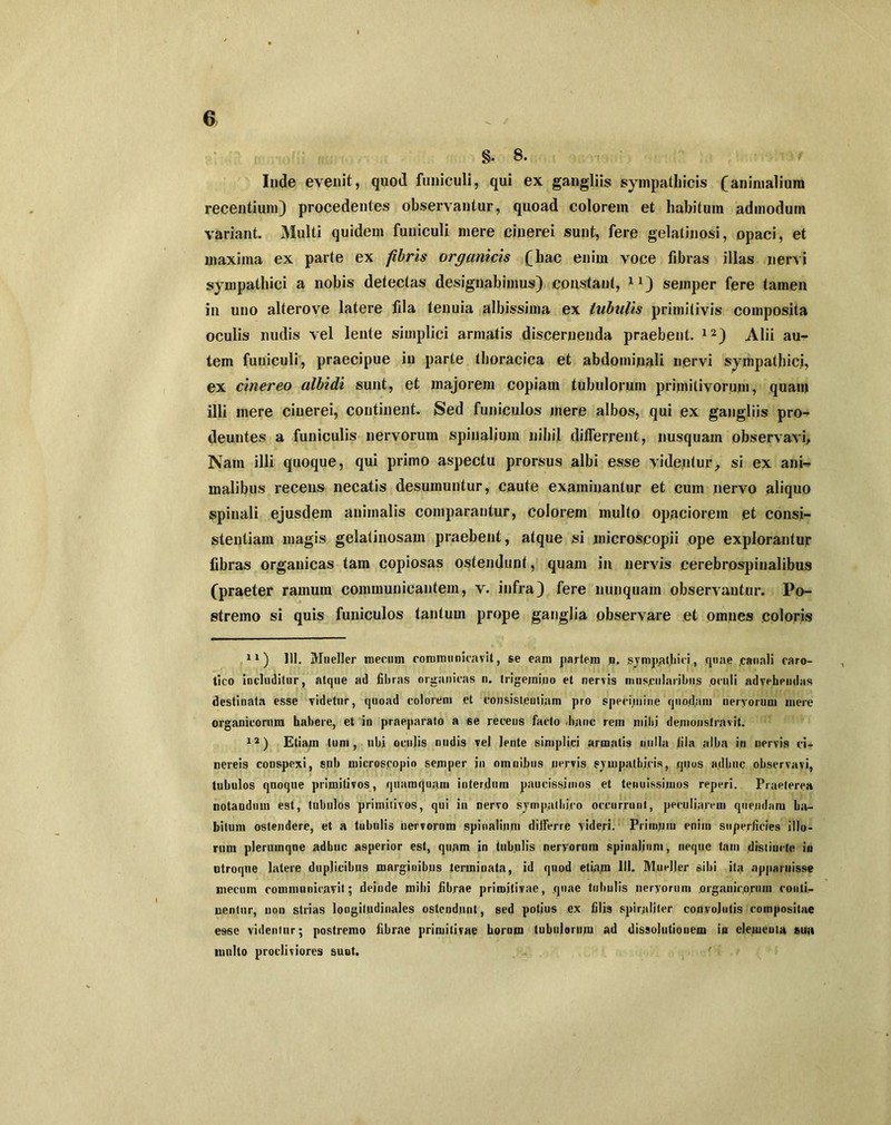 §. 8. Inde evenit, quod funiculi, qui ex gangliis sympathicis (animalium recentium) procedentes observantur, quoad colorem et habitum admodum variant. Multi quidem funiculi mere cinerei sunt, fere gelatinosi, opaci, et maxima ex parte ex fibris organicis (hac enim voce fibras illas nervi sympathici a nobis detectas designabimus) constant, 1*) semper fere tamen in uno alterove latere fila tenuia albissima ex tubulis primitivis composita oculis nudis vel lente simplici armatis discernenda praebent. 12) Alii au- tem funiculi, praecipue in parte thoracica et abdominali nervi sympathici, ex cinereo albidi sunt, et majorem copiam tubulorum primitivorum, quain illi mere cinerei, continent. Sed funiculos mere albos, qui ex gangliis pro- deuntes a funiculis nervorum spinalium nihil ditferrent, nusquam observavi. Nam illi quoque, qui primo aspectu prorsus albi esse videntur, si ex ani- malibus recens necatis desumuntur, caute examinantur et cum nervo aliquo spinali ejusdem animalis comparantur, colorem multo opaciorem et consi- stentiam magis gelatinosam praebent, atque si microscopii ope explorantur fibras organicas tam copiosas ostendunt, quam in nervis cerebrospinalibus (praeter ramum communicantem, v. infra) fere nunquam observantur. Po- stremo si quis funiculos tantum prope ganglia observare et omnes coloris 1X) 111. Mueller mecnm communicavit, se eam partem n. sympathici, quae canali caro- tico includitur, atque ad fibras organicas n. trigemino et nervis muscularibus oculi advehendas destinata esse videtur, quoad colorem et consisleutjam pro specimine quodam nervorum mere organicorum habere, et in praeparato a 6e recens facto «hanc rem mihi demonstravit. 1J) Etiam tum, nbj oculis nudis vel lente simplici armatis nulla fila alba in nervis ci- nereis conspexi, sub microscopio semper in omnibus nervis sympathicis, quos adhuc observavi, tubulos quoque primitivos, quamquam interdum paucissimos et tenuissimos reperi. Praeterea notandum est, tubulos primiiivos, qui in nervo sympathico occurrunt, peculiarem quendam ha- bitum ostendere, et a tubulis nervorum spinalium diiferre videri. Primam enim superficies illo- rum plerumque adhuc asperior est, quam in tubulis nervorum spinalium, neque tam distincte in ntroqne latere duplicibus marginibus terminata, id quod etiam 111. Mueller sibi it;i apparuisse mecuin communicavit; deinde mihi fibrae primitivae, quae tubulis nervorum organicorum conti- nentur, non strias longitudinales ostendunt, sed potius ex filis spiraliter convolutis compositae esse videntur; postremo fibrae primitivae hornm tubulorum ad dissolutionem in elemeuta sua multo procliviores suat.