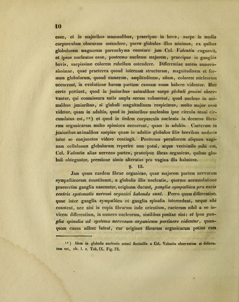 esse, et in majoribus mammalibus, praecipue in bove, saepe in medio corpusculum obscurum ostendere, porro globulos illos minimos, ex quibus globulorum magnorum parenchyma constare jam Cei. Valeniin cognovit, et ipsos nucleatos esse, postremo nucleum majorem, praecipue in gangliis bovis, saepissime colorem rubellum ostendere. Differentiae autem numero- sissimae, quae praeterea quoad internam structuram, magnitudinem et for- mam globulorum, quoad numerum, amplitudinem, situm, colorem nucleorum occurrunt, in evolutione harum partium causam suam habere videntur. Huc certe pertinet, quod in junioribus animalibus saepe globuli gemini obser- vantur, qui commissura satis ampla secum cohaerent, quod nucleus in ani- malibus junioribus, si globuli magnitudinem respicimus, multo major esse videtur, quam in adultis, quod in junioribus nucleolus ipse circulo tenui cir- cumdatus est, 16) et quod in iisdem corpuscula nucleata in decursu fibra- rum organicarum multo spissiora occurrunt, quam in adultis. Caeterum in junioribus animalibus saepius quam in adultis globulos filis brevibus nodosis inter se conjunctos videre contingit. Postremo peculiarem aliquam vagi- nam cellulosam globulorum reperire non potui, atque verisimile mihi est, Cei. Valentin alias nerveas partes, praecipue fibras organicas, quibus glo- buli obteguntur, pressione nimis alteratas pro vagina illa habuisse. §. 15. Jam quum eaedem fibrae organicae, quae majorem partem nervorum sympathicorum constituunt, a globulis illis nucleatis, quorum accumulatione praesertim ganglia nascuntur, originem ducant, ganglia sympathica pro veris centris systematis nervosi organici habenda sunt. Porro quum differentiae, quae inter ganglia sympathica et ganglia spinalia intercedunt, neque sibi constent, nec nisi in copia fibrarum inde orientium, caeterum nihil a se in- vicem differentium, in numero nucleorum, similibus positae sint: et ipsa gan- glia spinalia ad systema nervosum organicum pertinere videntur, quam- quam causa adhuc lateat, cur origines fibrarum organicarum potius cum 16 ) Idem ia globulis nucleatis astaci fluviatilis a Cei, Valentin observatum et delinea- tnm est, cfr. 1. c. Tab. IX. Fig. 73.