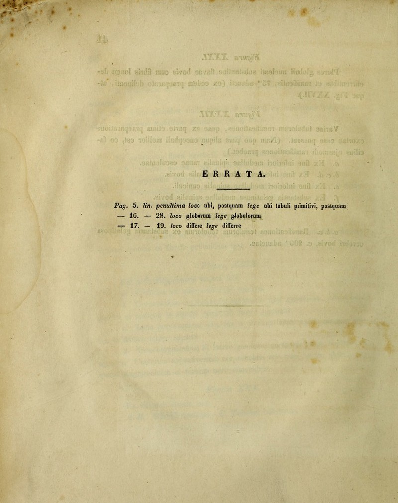 ERRATA. Pag. 5. lin. penuUima loco ubi, postquam lege ubi tubuli primitivi, postquam — 16. — 28. loco globorum lege globulorum -r- 17. — 19. loco differe lege differre