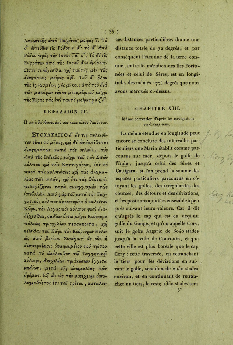 λακωνικής άπό Παχάνου'Ι μοίρας ι. Το cF εντευΰεν είς Podov « d'· το d’ άηίο Vodou προς τriv Ισσόν Ta d'. Το άε Τις Ευφράτην άπό της Ισσού duo ημίσους. Ωστε συνάγεσ&αι t&j τ αυτής μίν της άιαςάσεως μοίρας Τβ'. Τον d’ ολον της εγνωσμένης γης μήκους άπό του άιά των μακά^ων νάσων μεσημβρινού μέχρι τηςΣηρας τάς επ) ταυτό μοίρας ζά'. ΚΕΦΑΛΑ ΙΟΝ ΙΓ. Η αυτή όιόρθωσις άπό των κατά πλοϋν όιανυσεων. ΣΤΟΧΑ2ΑΙΤΟ d' αν τις τηλικου- τον είναι το μήκος, tyj) di ών εκτίθεται άιαςημάτων κατά τον πλουν, τον άπό τής Ινάικής, μέχρι του των Ίίινων κόλπου >(cy των Καττιγάρων, εάν τό παρά τάς κολπώσεις τάς ανωμα- λίας των πλων, >(aj ετι τάς <9-εσείς ε- πιλογ-ίζηται κατά συνεργισμόν των επάθλων. Από yàp τον μετά τον Tay- γητικόνκόλπον ακρωτηρίου ο καλείται Κωρυy τον Apyap/κόν κόλπον φησ) άια- άεχεσ&αι, ςαάίων ον τα μέχρι Κουρονρα πόλεως τριοχιλίων τεσσακοντα , ιφ.) κεϊσ^αι του Κωρυ την Κοόρουραν πόλιν *■ ’ ' Λ ' ' ’Λ ·5· c ως απο βορίου. 2.υναγοιτ αν ουν η άιαπεραίωσις υφαιρουμενου του τρίτον κατα τό ακόλουθον τω Ταγγητικω κολπω , άισχιλίων τριάκοσιων εγγιςα ςαάίων, μετά τής ανωμαλίας των άρομων. Εξ ων εις την συνεχείαν υπο· λογισ&εντος ετι του τρίτου , καταλει- ces distances particulières donne une distance totale de 72 degrés; et par conséquent l’étendue de la terre con- nue , entre le méridien des îles Fortu- nées et celui de Sères, est en longi- tude, des mêmes 177! degrés que nous avons marqués ci-dessus. CHAPITRE XIII. Même correction d'après les navigations en divers sens. La. même étendue en longitude peut encore se conclure des intervalles par- ticuliers que Marin établit comme par- courus sur mer, depuis le golfe de l’Inde , jusqu’à celui des Sines et Cattigara, si l’on prend la somme des espaces particuliers parcourus en cô- toyant les golfes, des irrégularités des courses , des détours et des déviations, et les positions ajoutées ensemble à peu près suivant leurs valeurs. Car il dit qu’agrès le cap qui est en deçà du golfe du Gange, et qu’on appelle Gory, suit le golfe Argaric de 3o4o stades jusqu’à la ville de Couroura, et que cette ville est plus boréale que le cap Cory : cette traversée, en retranchant le tiers pour les déviations en sui· t vant le golfe, sera doncde ao3o stades environ, et en continuant de retran- cher un tiers, le reste i35o stades sera 5*
