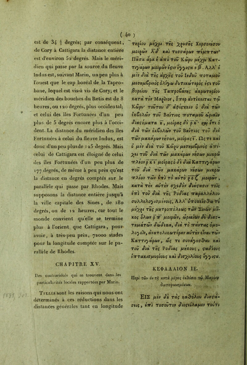 ( 4ο ) est de 34 § degrés; par conséquent, de Cory à Cattigara la distance entière est d’environ 5a degrés. Mais le méri- dien qui passe par la source du fleuve Indus est, suivant Marin, un peu plus à l’ouest que le cap boréal de la Tapro- bane, lequel est vis-à vis de Cory; et le méridien des bouches du Bætis est de 8 heures, ou 120 degrés, plus occidental; et celui des îles Fortunées d’un peu plus de 5 degrés encore plus à l’occi- dent. La distance du méridien des îles Fortunées à celui du fleuve Indus, est donc d’un peu plusde 125 degrés. Mais celui de Cattigara est éloigné de celui des îles Fortunées d’un peu plus de 177 degrés, de même à peu près qu’est la distance en degrés comptés sur le parallèle qui passe par Rhodes. Mais supposons la distance entière jusqu’à la ville capitale des Sines , de 180 degrés, ou de 12 heures, car tout le monde convient quelle se termine plus à l’orient que Cattigara, pour avoir, à très-peu près, 72000 stades pour la longitude comptée sur le pa- rallèle de Rhodes. CHAPITRE XY. Des contrariétés qui se trouvent dans les particularités locales rapportées par Marin. Telles sont les raisons qui nous ont déterminés à ces réductions dans les distances générales tant en longitude τηξ/ου μέχρι τής χρυσής Χερσονήσου μοιρών λ δ και τεσσάρων πέμπτων' Πάσα αρα ή άιτο του Κωρυ μέχρι Κατ- Tiyapœv μοιρών ες-ιν Îyyiça ν β . ΑΛλ’ ο μεν διά τής αρχής του Ινδού ποταμού μεσημβρινός oX'tycû δυτικωτερός £çi του βορείου τής Ταπρο€άνεις ακρωτήριου κατά τον Μαρίνον , οπερ άντίκειται τω Κ ωρυ· τούτου Λ άφές-νικεν ο Λα των εκβολών του Β αίτιος ποταμού ωριαία διαςήματα tf, μοίρας Λ' ρ~κ' i&j ετι ρ Λα' των εκβολών του Β αίτιος του Λα των μακαρων νε\σων, μοίρας ε. ilç τε και ο μεν Λα του Κώξυ μεσημβρινός απέ- χει του Λα των μακαρων νήσων μικρω πλέον JkT μοίρας ό Λ Λα KaTTiyâpav του Λα των μακάρων νήσων μικρω πλέον των επί το αυτό ξδζ μοιρών , κατά τήν αυτήν σχεδόν διάς-ασιν τοί'ς επί του Λα τής ΡοΛας παραλλήλου συλλελοχισμένοις. ΑΛΛ’ ύποκείσ3ω το μ-έχ^ι τής μντροπόλεως των Ίινών μή- κος όλων 'ρπ μοιρών, ωριαίων Λ' διασ- τημάτων δώδεκα^ διά το πάντας ομο- λoyεΊvi α’νατολικωτεραν αυτήν είναι των Καττηάρων t ως τε συνάχεσ3αι καί του διά τής ΡοΛας μήκους , ς-αδίους έπτακισμυρίους καί δισχιλίους ïyyiça. ΚΕΦΑΛΑΙΟΝ ΙΕ. Περί των έν τη κατά μέρος έκΒέσει τώ Μαρή/ψ διαπεφωνημένων. ΕίΣ μέν δή τάς καθόλου διαςά- σεις, επί τοσουτον διεςείλαμεν τουτε
