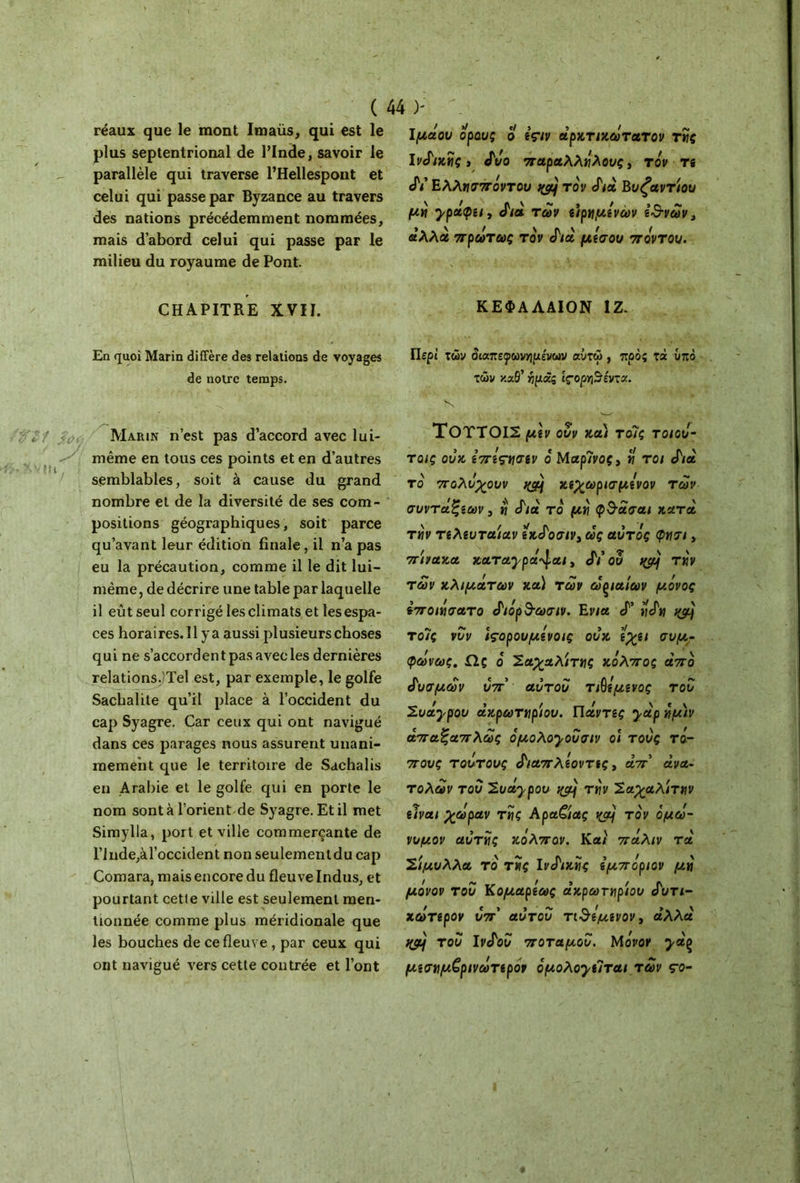 réaux que le mont Imaüs, qui est le plus septentrional de l’Inde, savoir le parallèle qui traverse l’Hellespont et celui qui passe par Byzance au travers des nations précédemment nommées, mais d’abord celui qui passe par le milieu du royaume de Pont. CHAPITRE XVII. En quoi Marin diffère des relations de voyages de notre temps. Marin n’est pas d’accord avec lui- même en tous ces points et en d’autres semblables, soit à cause du grand nombre et de la diversité de ses com- positions géographiques, soit parce qu’avant leur édition finale, il n’a pas eu la précaution, comme il le dit lui- même, de décrire une table par laquelle il eût seul corrigé les climats et les espa- ces horaires. Il y a aussi plusieurs choses qui ne s’accordent pas avec les dernières relations. Tel est, par exemple, le golfe Sacbalile qu’il place à l’occident du cap Syagre. Car ceux qui ont navigué dans ces parages nous assurent unani- mement que le territoire de Sachalis en Arabie et le golfe qui en porte le nom sont à l’orient de Syagre. Et il met Simylla, port et ville commerçante de l’lnde,àroccident non seulementdu cap Comara, mais encore du fleuve Indus, et pourtant cette ville est seulement men- tionnée comme plus méridionale que les bouches de ce fleuve , par ceux qui ont navigué vers cette contrée et l’ont Ιμάου ορούς o εςιν άρκτικωτατον της Ινδικής, <fJo παραλλήλους, τόν τε JV Ελλησπόντου τον άιά Ευζαντ'ιου μη γράφει, άιά των ε’ιρημενων ε$νων, αλλά πρωτως τον «Για μέσου πόντου. ΚΕΦΑΛΑΙΟΝ ΙΖ. Περί των διαπεφωνημένων αντώ , προς τά υπό τών καθ’ ήμόίς ίς·ορη$έντχ. Κ ΤΟΤΤΟΙΣ μεν ουν κα) τοϊς τοιου- τοις ούκ επες-η<Γ6ν ό Μαρίνος, η τοι άιά V . ! \ ι το πολυχουν κεχωρισμενον των συντάξεων, η JW τό μη φ&ασαι κατά την reλευταιαν εκάοσιν, ως αυτός φησι, πίνακα καταγρά^αι, dV ου tyôj την των κλιμάτων κα) των ωμιαίων μόνος εποιήσατο ά'ιόρ d-ωσιν. Ενια cf’ >;d# i&j το7ς νυν ιςορουμενοις ουκ εχει συμ- φωνως. Ω.ς ό Σαχαλίτης κόλπος από άυσμων ύπ’ αυτού τ&εμε νος του Συάγρου ακρωτήριου. Πάντες γάρ ημ)ν άπαξαπλως όμολογούσιν οι τούς τά- πους τούτους άιαπλεοντες, απ’ ανα- τολών του Συάγρου ι(pj την Σαχαλιτην είναι χωράν της Αραβίας wj τον ομώ- νυμον αυτής κόλπον. Και πάλιν τά Σιμυλλα τό της Iνάικης εμπόριον μη μόνον τού Κομαρεως ακρωτήριου ά'υτι- κωτερον υπ' αυτού τι$εμενον, αλλά tyôj τού Iνάού ποταμού. Μ όνον γάξ μεσημζρινωτερον όμολογειται των ςο-