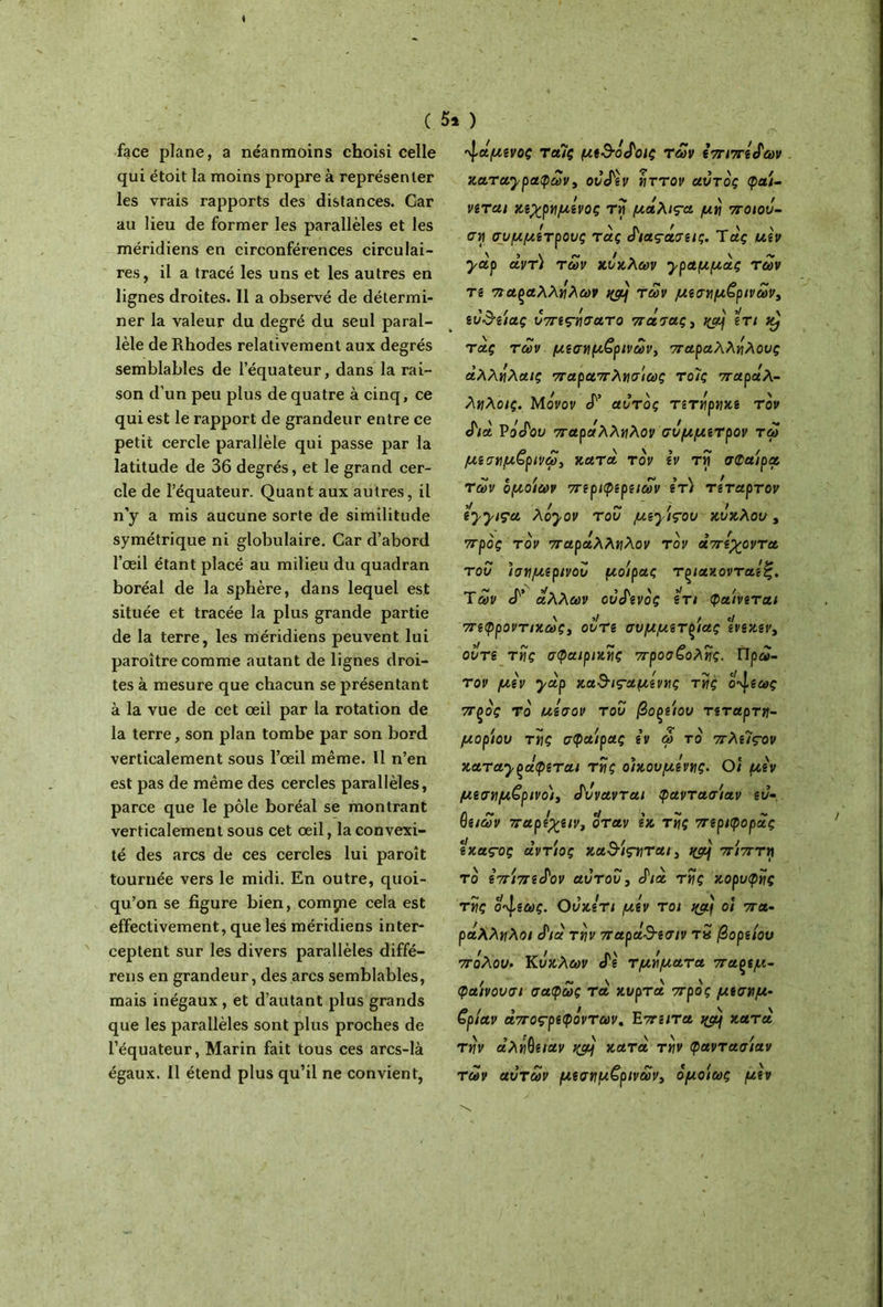 ( 5ι ) face plane, a néanmoins choisi celle qui étoit la moins propre à représenter les vrais rapports des distances. Car au lieu de former les parallèles et les méridiens en circonférences circulai- res, il a tracé les uns et les autres en lignes droites. Il a observé de détermi- ner la valeur du degré du seul paral- lèle de Rhodes relativement aux degrés semblables de l’équateur, dans la rai- son d’un peu plus de quatre à cinq, ce qui est le rapport de grandeur entre ce petit cercle parallèle qui passe par la latitude de 36 degrés, et le grand cer- cle de l’équateur. Quant aux autres, il n’y a mis aucune sorte de similitude symétrique ni globulaire. Car d’abord l’œil étant placé au milieu du quadran boréal de la sphère, dans lequel est située et tracée la plus grande partie de la terre, les méridiens peuvent lui paroître comme autant de lignes droi- tes à mesure que chacun se présentant à la vue de cet œil par la rotation de la terre, son plan tombe par son bord verticalement sous l’œil même. U n’en est pas de même des cercles parallèles, parce que le pôle boréal se montrant verticalement sous cet œil, la convexi- té des arcs de ces cercles lui paroît tournée vers le midi. En outre, quoi- qu’on se figure bien, comçne cela est effectivement, que les méridiens inter- ceptent sur les divers parallèles diffé- rens en grandeur, des arcs semblables, mais inégaux , et d’autant plus grands que les parallèles sont plus proches de l’équateur, Marin fait tous ces arcs-là égaux. Il étend plus qu’il ne convient, ^άμζνος τούς μζ3·όάοις των ζπιπζάων Karayραφών, ουάζν ηττον αυτός φαί- νζται κζχρημζνος τή μάλiça μή ποιού- σα συμμίτρους τάς άιαςάσζις. Τας uzv yap άντ) των κύκλων γραμμάς των τζ παραλλήλων των μζσημ^ρινων, ζυ&ζίας υπζ<τήσατο πάνας, χα} ίτι τάς των μζσημ£ρινων, παραλλήλους άλλήλαις παραπλησίως το7ς παράλ- ληλοις. Μόνον cT αυτός τζτήρηκζ τον άιά Ρόάου παράλληλον συμμζτρον τω μζσημζρινω, κατά τον Ιν τίϊ σφαίρα των όμοιων πζριφζρζιων ζτ) τζταρτον eyyiça λόyov του μζ^ιςου κυκλου, προς τον παράλληλον τον άπζγοντα του ίσιιμζρινου μοίρας τ^ιακονταζζ. Των ά' άλλων ουάζνός ίτι φαίνζται πζφροντικως, οντι συμμζτζίας ζνζκζν, ουτζ τής σφαιρικής προσβολής. Πρώ- τον μζν yap κα&ις-αμζνης τής ο·\ζως πξος το ιιζσον του βοξζίου τζταρτη- μορίου τής σφαίρας ζν ω το πλζΊςον κaτay^άφzτaι τής οίκουμζης. Οι μζν μζσνμζρινο), άυνανται φαντασίαν ζυ- θζιων παρζχζιν, όταν ζκ τής πζριφορας ζκας-ος άντίος κα$ίςηται, i&j πίπτη το ζπίπζάον αυτου, άιά τής κορυφής τής ο^ζως. Ουκζτι μζν Tôt %α\ οί πα- ράλληλοι άιά τήν παρά·3·ζσιν τ« βορζίου πόλου. Κύκλων άζ τμήματα παςζμ- φαινονσι σαφώς τα κυρτά ττρος μισημ· ζρίαν άπος-ρζφόντων. Επζιτα κατά τήν αλήθειαν κομ κατά τήν φαντασίαν των αυτών μζσημζρινων, ομοίως μζν
