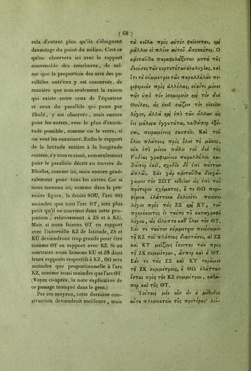 cela d’autant plus qu’ils s’éloignent davantage du point du milieu. C’est ce qu’on observera ici avec le rapport convenable des courbures, de mê- me que la proportion des arcs des pa- rallèles entr’eux y est conservée, de manière que non seulement la raison qui existe entre ceux de l’équateur et ceux du parallèle qui passe par Thulé, y est observée , mais encore pour les autres, avec le plus d’exacti- tude possible, comme on le verra, si on veut les examiner. Enfin le rapport de la latitude entière à la longitude entière, s’y trouve aussi, non-seulement pour le parallèle décrit au travers de Rhodes, comme ici, mais encore géné- ralement pour tous les autres. Car si nous menons ici, comme dans la pre- mière figure, la droite SOU, l’arc ΘΩ moindre que tout l’arc ΘΤ, sera plus petit qu’il ne convient dans cette pro- jection , relativement à ZS et à KU. Mais si nous faisons ΘΤ en rapport avec l’intervalle KZ de latitude, ZS et RU deviendront trop grands pour être comme ΘΤ en rapport avec KZ. Si au contraire nous laissons KU etZS dans leurs rapports respectifs à KZ, ΘΩ sera moindre que proportionnelle à l’arc RZ, comme aussi moindre que l’arcΘΤ. (Voyez ci-après, la note explicative de ce passage tronqué dans le grec.) Par ces moyens, cette dernière con- struction deviendroit meilleure, mais τα κοίλα, προς αυτόν φαίνονται, μάλλον ο/ πλίον αυτου ά'ιίςηκότίς. Ο κάνταΖ&α παραφυλάζίται μίτά της άίουσηςτων κυρτότατων αναλογίας, κα) ίπ το συμμίτρον των παραλλήλων πί- ξ/φίρίΐων προς άλλήλας, ουκίτι μόνον των υπό τον ισημερινόν τον άιά Θοΰλης, ως ΙκίΊ σωζίΐν τον ο'ικίΊον λό^,ον, αλλά ίπ) των άλλων ως ίνι μάλιςα ίγ^υτάτω, κα3·άπΐρ ίζί- ς-αι, πίίρωμόνοις σκοπίϊν. Κα/ του ολου πλάτους προς ολον το μήκος, ουκ ίπ) μόνου πάλιν του άιά της V'oSiaç ypaφoμίvoυ παραλλήλου κα- 3-άπιρ ίΚίΊ, σχίάόν άί ίπ) πάντων απλώς. Εα'ν yàp κάνταυ&α àiaya- yωμίv τήν ΣΩΤ ιυ’θύαν ως ίπ) του προτίξου σχήματος, η tî ΘΩ πίρι- φίριια Ιλάττονα δηλονότι ποίησα λόyov προς τάς ΖΣ ΚΤ, του προσήκοντος Ίν ταύτη τή KaTaypaÿn λόyoυ , ως ίίλητττο χαΟ’ ολην την ΘΤ. „ / ιι / Εαν Τί ταυτην συμμιτςον ποίησωμίν τη ΚΖ του πλάτους άιαστάσα, αι ΖΣ κα) ΚΤ μάζους ίσονται των προς τη ΖΚ συμμίτρων, ώσπερ κα) ή ΘΤ. Εα^ Τί τάς ΖΣ και ΚΤ τηρωμ.ίν τη ΖΚ συμμίτρους, ή ΘΩ ίλάττων ίσται προς τήν ΚΖ συμμίτρου , καθα- πιρ κα) τής ΘΤ. Ύουτοις μεν ουν αν ή με^οάος αυτή πλεονεκτο/η τής προτερας’ Au-