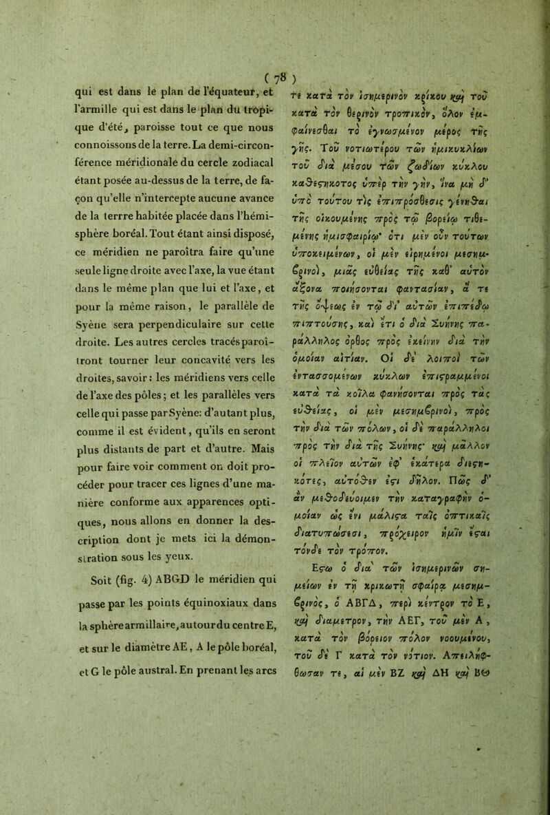 qui est dans le plan de l’équateur, et l’armille qui est dans le plan du tropi- que d'étéj paroisse tout ce que nous connoissons de la terre. La demi-circon- férence méridionale du cercle zodiacal étant posée au-dessus de la terre, de fa- çon qu’elle n’intercepte aucune avance de la terrre habitée placée dans l’hémi- sphère boréal. Tout étant ainsi disposé, ce méridien ne paroîtra faire qu’une seule ligne droite avec l’axe, la vue étant dans le même plan que lui et l’axe, et pour la même raison, le parallèle de Syène sera perpendiculaire sur cette droite. Les autres cercles tracésparoî- tront tourner leur concavité vers les droites, savoir : les méridiens vers celle de l’axe des pôles ; et les parallèles vers celle qui passe parSyène: d’autant plus, comme il est évident, qu’ils en seront plus distants de part et d’autre. Mais pour faire voir comment on doit pro- céder pour tracer ces lignes d’une ma- nière conforme aux apparences opti- ques, nous allons en donner la des- cription dont je mets ici la démon- stration sous les yeux. Soit (fig. 4) ABGD le méridien qui passe par les points équinoxiaux dans la sphèrearmillaire,autourdu centre E, et sur le diamètre AE, A le pôle boréal, et G le pôle austral. En prenant les arcs ri χατά τον ισημερινόν χξίχου του χατά τον θζξίνόν τροπιχόν} ολον ζμ~ φαίνζσθαι το ^νωσμζνον μζρος της ynç. Του νοτιωτζρου των ημιχυχλίων του άιχ μισού των ζωδίων χόχλον χα$ες·ηχοτος υπζρ την ynv3 'Ivct μη cf’ υπό τούτον τις ζ’πιπρόσθεσις yzvn^ai της οίχουμζνης προς τω βορζίω τιΘί- μζνης ήμισφαιρίω' ότι μίν ουν τούτων t 1 C \ > / υποχζιμζνων > οι μίν (ΐρημίνοι μζσημ~ £ξΐνο) 3 μιας ζυΟζίας της καθ’ αυτόν άζονα 7τοινισονται φαντασίαν 3 a τζ της ο^ζως ζν τω άι αυτών ζπιπζάω πιπτουσης, χα) ίτι ο άιά Ίυήνης πα- ράλληλος όρθος προς zxzivnv άιά την όμοίαν αίτια ν. Οί cTg' λοιποί των εντασσόμενων χόχλων ζπις'ραμμζνοι χατά τα χοΊλα φανήσονται προς τάς ζυ&ίίας 3 οί μζν μζσημ€ρινο), προς την άιά των πόλων, oi cTg παράλληλοι προς την άιά της Ίυήνης' qgùj μάλλον οί πλζΊον αυτών ζφ) ζχάτζρα άιζςη- χότζς3 αυτό3-ζν ζςι άδηλον. Πως S'' αν μζ&οάζόοιμζν την xaτaypaφnv ό- μοίαν ως ζνι μάλ^α ταΊς όπτιχαΊς άιατυπωσζσι, πξόχζιρον ημΤν ζςαι τονάζ τον τρόπον. Ες-ω ό άια των ίσημζρινων ση- μζίων ζν τίϊ χριχωτη σφαίρα, μζσημ- £ξΐνός, ό ΑΒΓΔ, πζρ) χίνΤξον τό Ε , Hçfjj άιαμζτρον, την ΑΕΓ, του μζν A , χατά τον βόρζιον πόλον νοουμζνου, του άζ Γ χατά τον νότιον. Απζιλήφ- θωσαν τζ, αί μζν ΒΖ y&j ΔΗ t(aj Bfe)