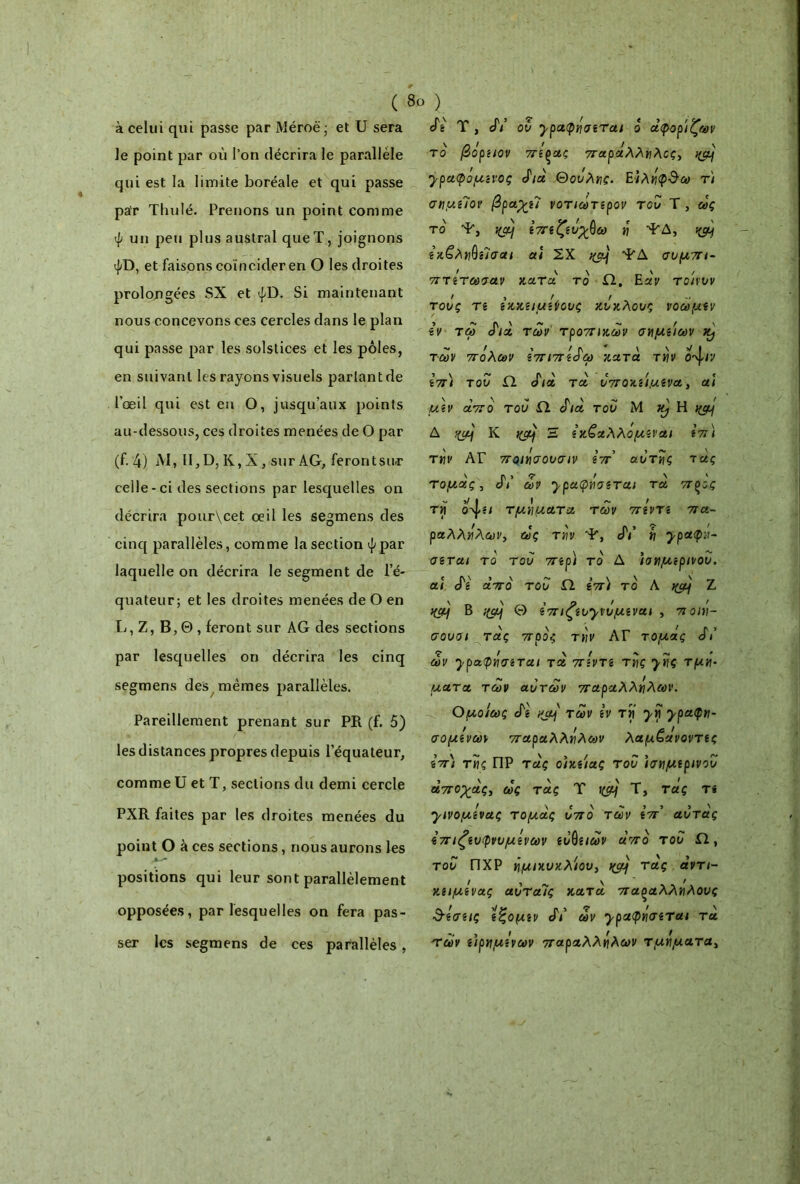 ( 8ο ) à celui qui passe par Méroë · et U sera le point par où l’on décrira le parallèle qui est la limite boréale et qui passe par Thulé. Prenons un point comme ψ un peu plus austral que T, joignons ψΌ, et faisons coïncider en O les droites prolongées SX et ψΌ. Si maintenant nous concevons ces cercles dans le plan qui passe par les solstices et les pôles, en suivant les rayons visuels parlant de l’œil qui est en O, jusqu’aux points au-dessous, ces droites menées de O par (f. 4) Μ, II, D, R, X, sur AG, feront sut celle - ci des sections par lesquelles on décrira pour\cet œil les segmens des cinq parallèles, comme la section ij/par laquelle on décrira le segment de l’é- quateur; et les droites menées de O en L, Z, Β,Θ , feront sur AG des sections par lesquelles on décrira les cinq segmens des mêmes parallèles. Pareillement prenant sur PR (f. 5) les distances propres depuis l’équateur, comme U et T, sections du demi cercle PXR faites par les droites menées du point O à ces sections, nous aurons les positions qui leur sont parallèlement opposées, par lesquelles on fera pas- ser les segmens de ces parallèles, JY T, JY ου ypcupn'veTa/ ό άφοριζων τό βόριιον πίζας παράλληλος, nçtj γρα,φόμ,ίνος cf/α Θοΰλης. Ειλήφ$ω τι σημίΊον βραχίϊ νοτιώτίρον του Τ , ως το Ψ, uctj ίπίζίυχΟω y 'ΡΔ, ·<ομ ίκ£ληθί7σαι ai ΣΧ %μ} ΡΔ συμπι- πτίτωναν κατά το Ω, Εάν το'ηυν τους Τί ίκκίιμίνους κύκλους νοωμ(ν ίν τω cf/à των' τροπικών σημιίων æj των πόλων ίπιπίάω κατά, την ο^ιν ίπ) του Ω cf/a τα υποκΰμίνα, ai μίν άπό του Ώ cf/a του Μ Kj Η ΐ(ςμ Δ ffçfjj K ttçfjj Ξ ίκζαλλομίναι ίπ) την ΑΓ ποιήσουσιν ίπ’ αυτής τας τομάς, cf/’ ών ypuCpnoiTai τά πζος ^ 5/ · f fyj / rri τμήματα των την Τί ίτα- ραλλήλων, ως την Ψ, cf/’ y ypatyn- αζται το του πίρ) τό Δ ισημιρινου. ai JY άπό του Ω ίπ) τό Λ %ρ} L HOj B !(aj Θ ίπιζίυ'^νόμ^ναι , ποιη- σουοι τάς προς τyv ΑΓ τομάς cf/’ ς* / \ / ^ ~ * ων ypatyyviTui τα πίντί της yyç τμή- ματα των αυτών παραλλήλων. Ομοίως άΐ των ίν ry yy ypa(fiy· σομίνων παραλλήλων λαμζάνοντίς ίπ) της ΠΡ Taç ο/κ$/ας του 'ισημιρινου άπογάς, ως τάς Τ nçà\ Τ, τας τ» yιvoμίvaς τομάς υπό των ίπ’ αυτάς ίπιζίυφνυμίνων ιυύίΐων άπό του Ω, του ΠΧΡ ημικυκλίου, wj τας άντι- κίΐμίνας αυταΊς κατά παραλλήλους 3-ίσίΐς ίζομΐν cf/’ ων ypa(pôcmai τα ~ , ι . . r. · ττων ίίρημίνων παραλλήλων τμήματα. (