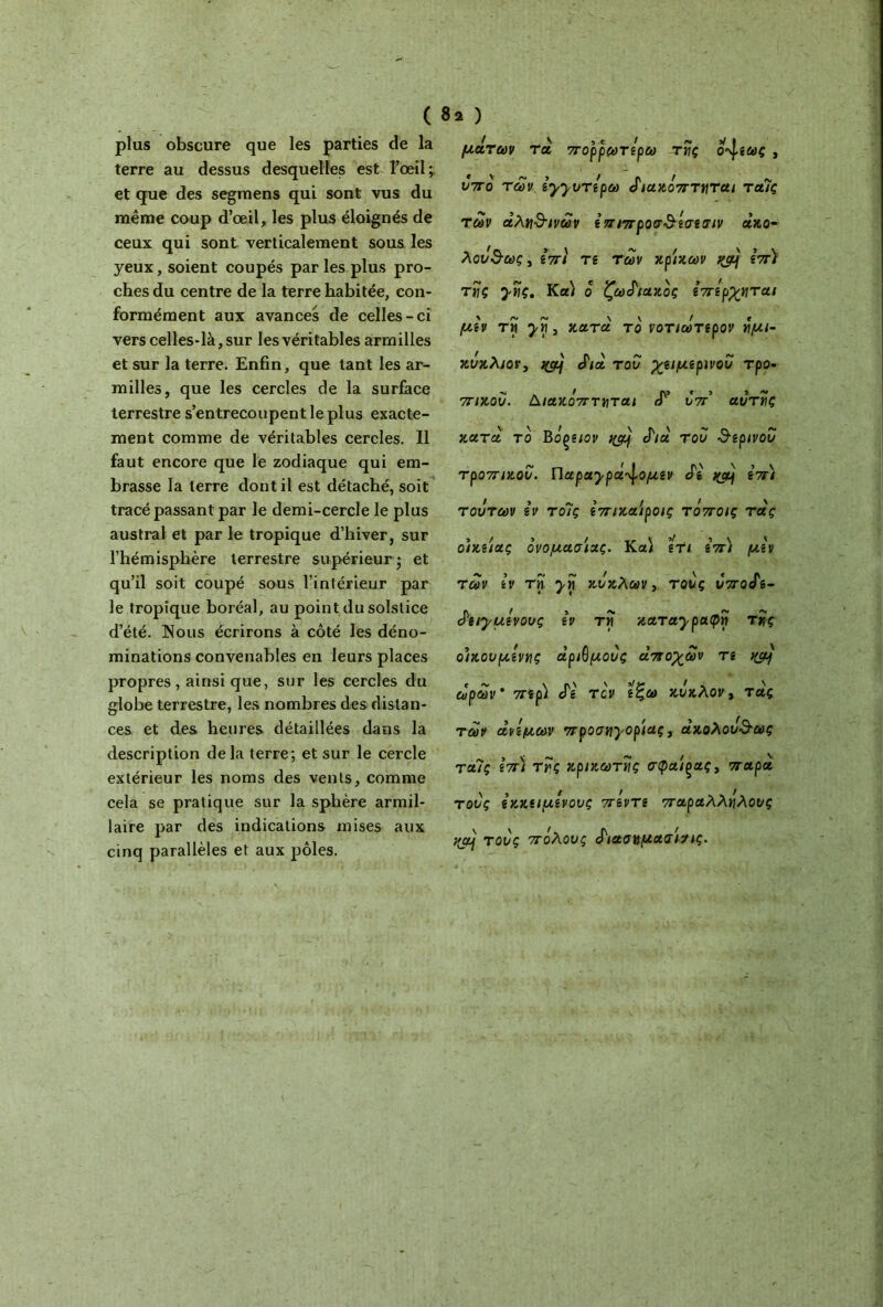( plus obscure que les parties de la terre au dessus desquelles est l’œil;, et que des segrnens qui sont vus du même coup d’œil, les plus éloignés de ceux qui sont verticalement sous les yeux, soient coupés par les plus pro- ches du centre de la terre habitée, con- formément aux avances de celles-ci vers celles-là, sur les véritables arrnilles et sur la terre. Enfin, que tant les ar- milles, que les cercles de la surface terrestre s’entrecoupent le plus exacte- ment comme de véritables cercles. Il faut encore que le zodiaque qui em- brasse la terre dont il est détaché, soit tracé passant par le demi-cercle le plus austral et par le tropique d’hiver, sur l’hémisphère terrestre supérieur; et qu’il soit coupé sous l’intérieur par le tropique boréal, au point du solstice d’été. Nous écrirons à côté les déno- minations convenables en leurs places propres, ainsi que, sur les cercles du globe terrestre, les nombres des distan- ces et des heures détaillées dans la description delà terre; et sur le cercle extérieur les noms des vents, comme cela se pratique sur la sphère armil- laire par des indications mises aux cinq parallèles et aux pôles. 82 ) μάτων τα πορρωτίρω της ο^ιως , υπό των iyyvTipeà διακόπτεται ταϊς των αληθινών Ιπιπροσ&ίσίσιν ακο- λούθως , Ιπι rê των κρίκων tyy Ιπ) τής ynç. Κα) ο ζωδιακός ιπόρχηται μίν τΐί yn 3 κατά, το νοτιωτίρον ημι- κύκλιον, WJ δια τον χαμίρινου τρο- πικού. Διακόπτεται δ’ νπ αυτής κατα τό Βοξίιον qc/ôj δια του <3-tpivov τροπικού, napaypcl'\oμ^v δί %çtj %π) τούτων Ιν τόϊς Ιπικα'ιροις τόποις τας οίκίίας ονομασίας. Κα) ίΤι Ιπ) μίν των Ιν τη yn κύκλων, τους υποδί- J'eiyuivovç Ιν τη xaTayputpn της ο)κουμίνης αρώμους αποχών τί >(&/ ωρων’ πίρ) δί τον ίζω κύκλον, τας των ανόμων προση)Όρίας, ακολούθως ταϊς Ιπ) της κρικωτης σφαίςας, παρά τους ίχχίΐμίνους πίντί παραλλήλους qaj τους πόλους διασνμασίαις.