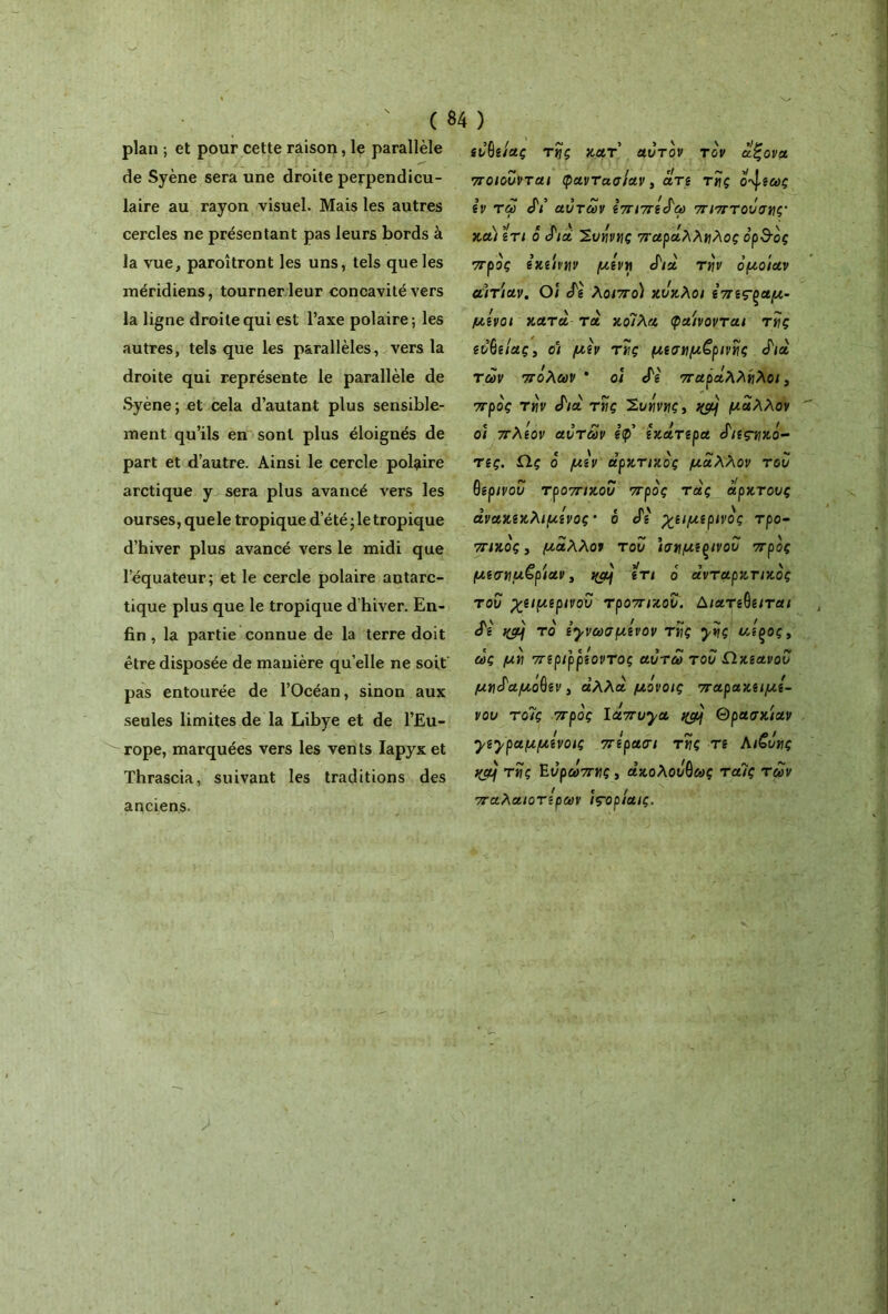 plan ; et pour cette raison, le parallèle —■ de Syène sera une droite perpendicu- laire au rayon visuel. Mais les autres cercles ne présentant pas leurs bords à la vue, paroîtront les uns, tels que les méridiens, tourner leur concavité vers la ligne droite qui est l’axe polaire; les autres, tels que les parallèles, vers la droite qui représente le parallèle de Syène; et cela d’autant plus sensible- ment qu’ils en sont plus éloignés de part et d’autre. Ainsi le cercle polaire arctique y sera plus avancé vers les ourses, quele tropique d’été; le tropique d’hiver plus avancé vers le midi que l’équateur; et le cercle polaire antarc- tique plus que le tropique d'hiver. En- fin , la partie connue de la terre doit être disposée de manière qu’elle ne soit pas entourée de l’Océan, sinon aux seules limites de la Libye et de l’Eu- rope, marquées vers les ven ts Iapyx et Thrascia, suivant les traditions des anciens. et/’êeJuç της κατ' αυτόν τον άξονα ποιούνται φαντασίαν, άτι της ο^ίως ίν τω Si αυτών ΙπιπîSca πιπτοΰσης· κα) ίτι ô Sia Συχνής παράλληλος ορ&ος προς ίκίίνην μίνη Sia την όμοίαν αιτίαν. Oi SI λοιπο) κύκλοι έπίς-ξαμ- μίνοι κατά τα κοίλα φαίνονται της ίυθίίας, ο) μΐν της μασημερινής Sia των πόλων * οί Si παράλληλοι, προς την Sià της ΊΖυηνης, j&jj μάλλον οί πλίον αυτών Ιφ ΐκάτίρα Sieç-ηκό- τίς. Ω.ς ό μΐν αρκτικός μάλλον του ινου τροπικού προς τάς άρκτους άνακίκλιμίνος * ό Si χαμιρινός τρο- πικός, μάλλον του ίσημίξίνου προς μίση μαρίαν, f(aj ίτι ό άντ αρκτικός του χαμίρινοΰ τροπικού. Διατιθαται Si /&} τό ί^νωσμίνον της yijç αίξος, ως μη πιριρρίοντος αυτω του Ωκίανου μηSaμoθίv, άλλα μόνοις παρακαμί- νου τοΊς προς ΐάπυ^α nçy Θρασκίαν γιγραμμίνοις πίρασι της τί Λι€όης )(aj της Ευρώπης, ακολούθως ταΐς των παλαιοτίρων ïçoplaiç.