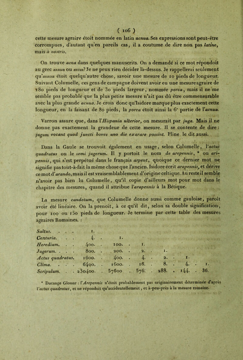 cette mesure agraire étoit nommée en latin acnua. Ses expressions sont peut-être corrompues, d’autant qu'en pareils cas, il a coutume de dire non pas latine, mais à nostris. On trouve acna dans quelques manuscrits. On a demandé si ce mot répondoit au grec ακαινα ou ακενα? Je ne peux rien décider là-dessus. Je rappellerai seulement qu’ακαινα étoit quelqu’autre chose, savoir une mesure de io pieds de longueur. Suivant Columelle, ces gens de campagne doivent avoir eu une mesureagraire de 180 pieds de longueur et de 3o pieds largeur, nommée porca, mais il ne me semble pas probable que la plus petite mesure n’ait pas dû être commensurable avec la plus grande acnua. Je crois donc qu’Isidore marque plus exactement cette longueur, en la faisant de 80 pieds, la porca étoit ainsi la 6e partie de Y acnua. Varron assure que, dans XHispania ulterior, on mesurait par juga. Mais il ne donne pas exactement la grandeur de cette mesure. 11 se contente de dire : jugum vocant quod juncti boues uno die exarare possint. Pline le dit aussi. Dans la Gaule se trouvoit également en usage, selon Columelle, Vactus quadratus ou le semi jugerum. Il y portoit le nom de arepennis, * ou ari- pennis, qui s’est perpétué dans le français arpent, quoique ce dernier mot ne signifie pas tout-à-fait la même chose que l’ancien. Isidore écrit arapennist et dérive ce mot d'arajido, mais il est vraisemblablement d’origine celtique. Au reste il semble n’avoir pas bien lu Columelle, qufil copie d’ailleurs mot pour mot dans le chapitre des mesures, quand il attribue l'arapennis à la Bétique. La mesure candetum, que Columelle donne aussi comme gauloise, paroît avoir été linéaire. On la prenoit, à ce qu’il dit, selon sa double signification, pour ioo ou i5o pieds de longueur. Je termine par cette table des mesures agraires Romaines. : Saltus. ... i. Centuria. 4. . I. Heredium. 4oo· . ΙΟΟ. . I. Jugerum. . 8oo. . 200. . 2. 1 . Actus quadratus. 1600. 4oo. . 4· · 2. · 1. Clima. 64qo. 1600. 16. 8. . 4- · Scripulum. 23o4oo. . 57600 576. . 288. . i44- · * Ducange Glossar : l’Arepennis n’étoit probablement pas originairement déterminée d’après Vactus quadratus, et ne répondoit qu’accidentellement, et à-peu-près à la mesure romaine.