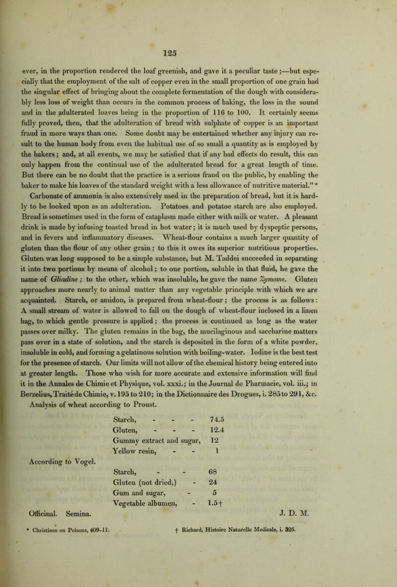 ever, in the proportion rendered the loaf greenish, and gave it a peculiar taste ;—but espe- cially that the employment of the salt of copper even in the small proportion of one grain had the singular effect of bringing about the complete fermentation of the dough with considera- bly less loss of weight than occurs in the common process of baking, the loss in the sound and in the adulterated loaves being in the proportion of 116 to 100. It certainly seems fully proved, then, that the adulteration of bread with sulphate of copper is an important fraud in more ways than one. Some doubt may be entertained whether any injury can re- sult to the human body from even the habitual use of so small a quantity as is employed by the bakers; and, at all events, we may be satisfied that if any bad effects do result, this can only happen from the continual use of the adulterated bread for a great length of time. But there can be no doubt that the practice is a serious fraud on the public, by enabling the baker to make his loaves of the standard weight with a less allowance of nutritive material.” * Carbonate of ammonia is also extensively used in the preparation of bread, but it is hard- ly to be looked upon as an adulteration. Potatoes and potatoe starch are also employed. Bread is sometimes used in the form of cataplasm made either with milk or water. A pleasant drink is made by infusing toasted bread in hot water; it is much used by dyspeptic persons, and in fevers and inflammatory diseases. Wheat-flour contains a much larger quantity of gluten than the flour of any other grain ; to this it owes its superior nutritious properties. Gluten was long supposed to be a simple substance, but M. Taddei succeeded in separating it into two portions by means of alcohol; to one portion, soluble in that fluid, he gave the name of Gliadine ; to the other, which was insoluble, he gave the name Zymome. Gluten approaches more nearly to animal matter than any vegetable principle with which we are acquainted. Starch, or amidon, is prepared from wheat-flour ; the process is as follows: A small stream of water is allowed to fall on the dough of wheat-flour inclosed in a linen bag, to which gentle pressure is applied; the process is continued as long- as the water passes over milky. The gluten remains in the bag, the mucilaginous and saccharine matters pass over in a state of solution, and the starch is deposited in the form of a white powder, insoluble in cold, and forming a gelatinous solution with boiling-water. Iodine is the best test for the presence of starch. Our limits will not allow of the chemical history being entered into at greater length. Those who wish for more accurate and extensive information will find it in the Annales de Chimie et Physique, vol. xxxi.; in the Journal de Pharmacie, vol. iii.; in Berzelius, TraitedeChimie, v. 195 to 210; in the Dictionnaire des Drogues, i. 285 to 291, &c. Analysis of wheat according to Proust. Starch, - - - 74.5 Gluten, - 12.4 Gummy extract and sugar, 12 Yellow resin, - 1 According to Vogel. Starch, - - 68 Gluten (not dried,) - 24 Gum and sugar, - 5 Vegetable albumen, - 1.5 f Officinal. Semina. J. D. M. • Christison on Poisons, 409-11. f Richard, Histoire Naturelle Medicale, i. 326.