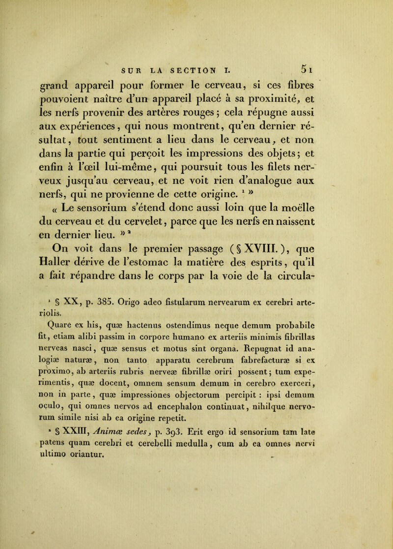 grand appareil pour former le cerveau, si ces fibres pouvoient naître d’un appareil placé à sa proximité* et les nerfs provenir des artères rouges ; cela répugne aussi aux expériences, qui nous montrent, qu’en dernier ré- sultat, tout sentiment a lieu dans le cerveau* et non dans la partie qui perçoit les impressions des objets; et enfin à l’œil lui-même, qui poursuit tous les filets ner- veux jusqu’au cerveau, et ne voit rien d’analogue aux nerfs, qui ne provienne de cette origine. 1 * « Le sensorium s’étend donc aussi loin que la moelle du cerveau et du cervelet, parce que les nerfs en naissent en dernier lieu. w 3 On voit dans le premier passage ( § XVIII. ), que Haller dérive de l’estomac la matière des esprits, qu’il a fait répandre dans le corps par la voie de la circula- * § XX, p. 385. Origo adeo fistularum nervearum ex eerebri arte- riolis, Quaré ex his, quæ hactenus ostendimus neque demum probabile fit, etiam alibi passim in corpore humano ex arteriis minimis fibrillas nerveas nasci, quæ sensus et motus sint organa. Répugnât id ana- logiæ naturæ, non tanto apparatu cerebrum fabrefacturæ si ex proximo, ab arteriis rubris nerveæ fibrillæ oriri possent; tum expe- rimentis, quæ docent, omnem sensum demum in cerebro exerceri, non in parte, quæ impressiones objectorum percipit : ipsi demum oçulo, qui omnes nervos ad encephalon continuât, nihilque nervo- rum simile nisi ab ea origine repetit. * § XXIII, Animæ sedes* p. 3g3. Erit ergo id sensorium tam late patens quam eerebri et cerebelli medulla, cum ab ea omnes nervi ultimo oriantur.