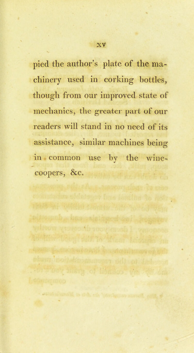 pied the author’s plate of the ma- chinery used in corking bottles, though from our improved state of mechanics, the greater part of our readers will stand in no need of its assistance, similar machines being in common use by the wine- coopers, &c.