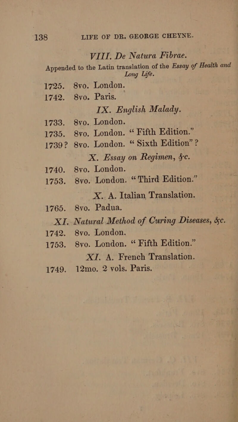 VIII. De Natura Fibrae. Appended to the Latin translation of the Essay of Health and Long Life. 1725. 8vo. London. 1742. 8vo. Paris. — IX. English Malady. 1733. 8vo. London. 1735. 8vo. London. “ Fifth Edition.” 1739? 8vo. London. “ Sixth Edition” ? X. Essay on Regimen, Se. 1740. 8vo. London. 1753. 8vo. London. “Third Edition.” X.. A. Italian Translation. 1765. 8vo. Padua. XI. Natural Method of Curing Diseases, &c. 1742. 8vo. London. 1753. 8vo. London. “ Fifth Edition.” XJ. A. French Translation. 1749. 12mo. 2 vols. Paris.