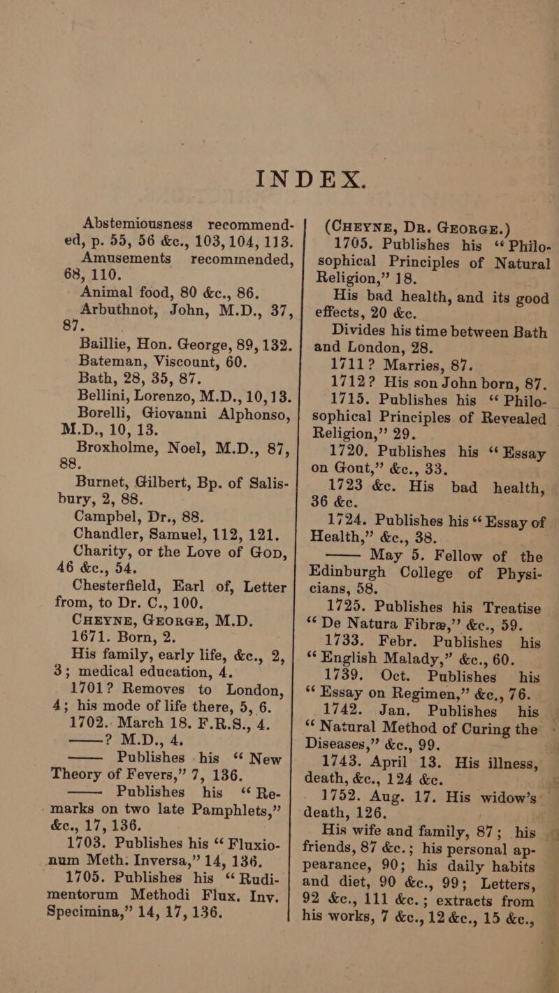 Abstemiousness recommend- ed, p. 55, 56 &amp;c., 103, 104, 113. Amusements recommended, 68, 110. Animal food, 80 &amp;c., 86. Arbuthnot, John, M.D., 37, 87. Baillie, Hon. George, 89, 132. Bateman, Viscount, 60. Bath, 28, 35, 87. Bellini, Lorenzo, M.D., 10,13. Borelli, Giovanni Alphonso, M.D., 10, 13. Broxholme, Noel, M.D., 87, 88. Burnet, Gilbert, Bp. of Salis- bury, 2, 88. Campbel, Dr., 88. Chandler, Samuel, 112, 121. Charity, or the Love of Gop, 46 &amp;e., 54. Chesterfield, Earl of, Letter from, to Dr. C., 100. CHEYNE, Grora@E, M.D. 1671. Born, 2. His family, early life, &amp;c., 2, 3; medical education, 4. 1701? Removes to London, 4; his mode of life there, 5, 6. 1702.. March 18. F.R.S., 4. —? M.D., 4. Publishes his ‘“ New Theory of Fevers,” 7, 136, Publishes his ‘ Re- marks on two late Pamphlets,” &amp;e., 17, 136. 1703. Publishes his “ Fluxio- num Meth. Inversa,” 14, 136. 1705. Publishes his “ Rudi- mentorum Methodi Flux, Iny. Specimina,” 14, 17, 136. (Curyne, Dr. GrorGE.) 1705. Publishes his ‘ Philo- sophical Principles of Natural Religion,” 18. His bad health, and its good effects, 20 &amp;e. Divides his time between Bath and London, 28. 1711? Marries, 87. 1712? His son John born, 87. 1715. Publishes his ‘ Philo- Religion,” 29. 1720, Publishes his ‘ Essay on Gout,” &amp;c., 33. 1723 &amp;c. His 36 &amp;e. 1724. Publishes his “‘ Essay of Health,” &amp;., 38. May 5. Fellow of the Edinburgh College of Physi- cians, 58. 1725. Publishes his Treatise “* De Natura Fibre,” &amp;e., 59. 1733. Febr. Publishes his ‘English Malady,” &amp;c., 60. 1739. Oct. Publishes his ‘* Essay on Regimen,” &amp;e., 76. 1742. Jan. Publishes his “‘ Natural Method of Curing the Diseases,” &amp;c., 99. bad health, death, &amp;e., 124 &amp;e. death, 126. friends, 87 &amp;c.; his personal ap- pearance, 90; his daily habits and diet, 90 &amp;c., 99; Letters, 92 &amp;c., 111 &amp;e.; extraets from his works, 7 &amp;c., 12 &amp;e., 15 &amp;., Lo ee