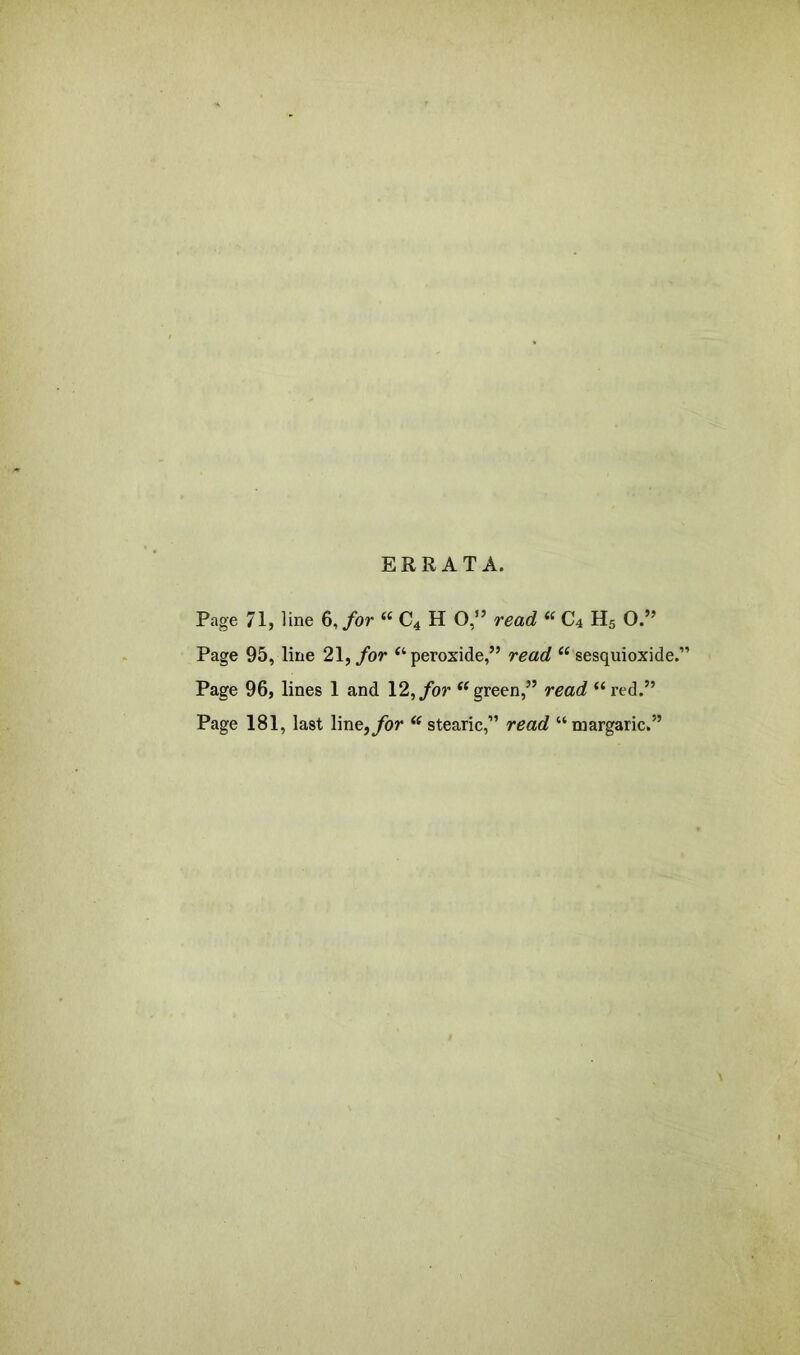 ERRATA. Page 71, line 6,/or “ C4 H O,” read “ C4 Hs O.” Page 95, line 21, for ‘‘peroxide,” read “ sesquioxide.” Page 96, lines 1 and 12, for “green,” read “red.” Page 181, last line, for “ stearic,” read “margaric.”