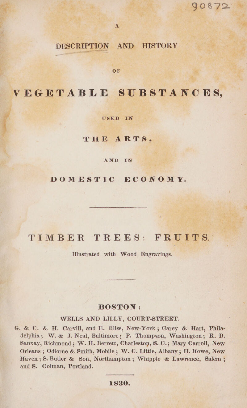 £20 8 B2- A DESCRIPTION AND HISTORY OF VEGETABLE SUBSTANCES, USED IN THE ARTS, AND IN DOMESTIC ECONOMY. TIMBER TREES: FRUITS. Illustrated with Wood Engravings. BOSTON : WELLS AND LILLY, COURT-STREET. G &amp; C. &amp; H. Carvill, and E. Bliss, New-York ; Carey &amp; Hart, Phila- delphia; W.&amp; J. Neal, Baltimore; P. Thompson, Washington; R. D. Sanxay, Richmond; W. H. Berrett, Charlestop, S. C.; Mary Carroll, New Orleans ; Odiorne &amp; Smith, Mobile; W. C. Little, Albany ; H. Howe, New Haven ; 8. Butler &amp; Son, Northampton; Whipple &amp; Lawrence, Salem ; and 8. Colman, Portland. 1830.