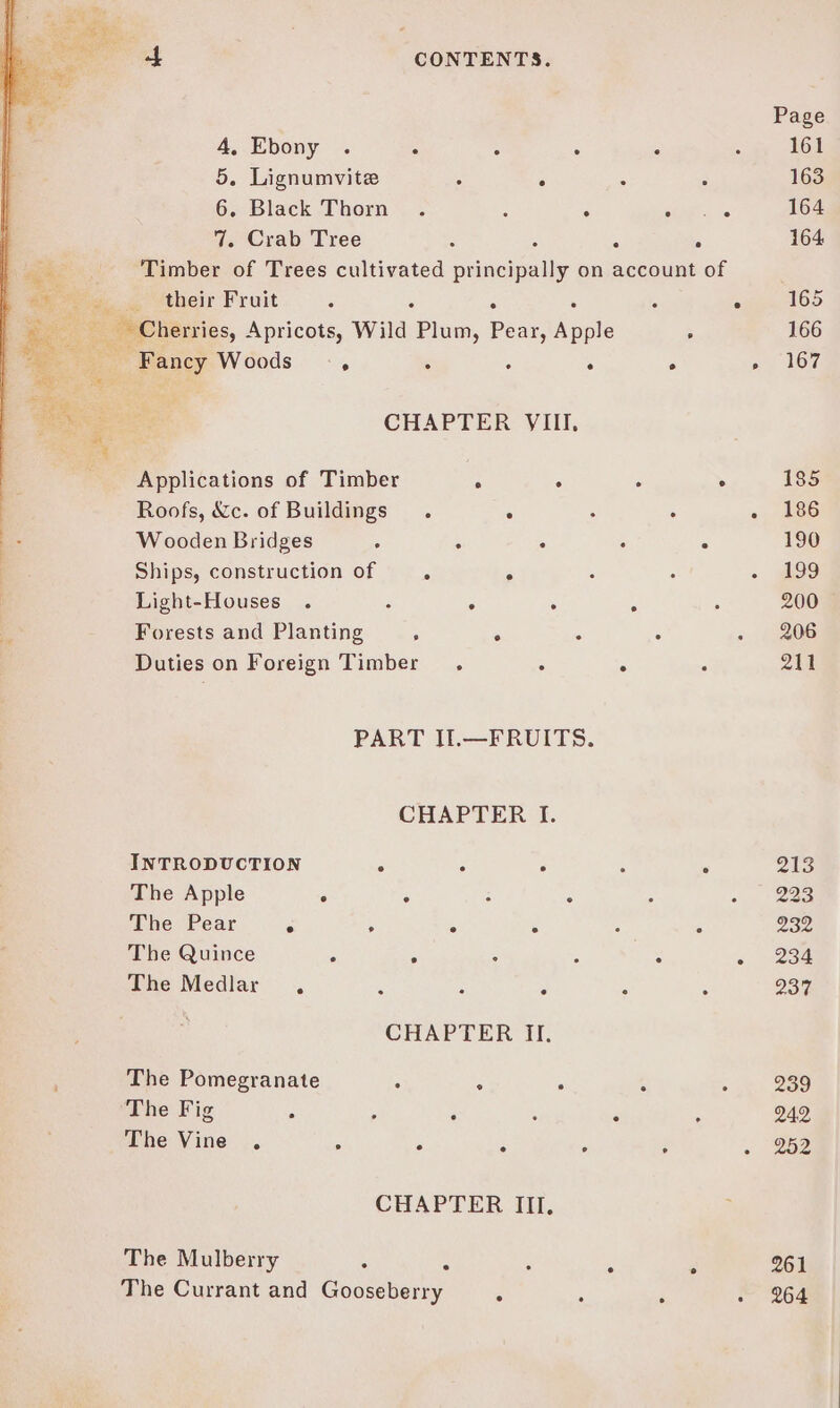 Page 4, Ebony . . 3 . : 161 5. Lignumvite : : 5 163 6. Black Thorn . ; ° ae en 164 7. Crab Tree : 3 * 164 Timber of Trees cultivated anally on account of jou ‘their Fruit A ° 165 Cherries, Apricots, Wild Plum, Peas aie ° 166 a ny Woods ., ; ; ; ‘ Pla (re CHAPTER VIII, Applications of Timber ; . : ° 185 Roofs, &amp;c. of Buildings ° : : «. d86 Wooden Bridges . . . : ° 190 Ships, construction of ‘ ° : : 199 Light-Houses . ° . . ; 200 Forests and Planting ; 5 A . - 206 Duties on Foreign Timber. : . 211 PART II.—FRUITS. CHAPTER I. INTRODUCTION . : . : . 213 The Apple ° ; 5 : ; + 2am The Pear F , ° 5 : . 232 The Quince ; : ° F ; ose The Medlar . : : . : ° 237 CHAPTER II. The Pomegranate : ° . : * ey eae, The Fig - ; ‘ : ‘ : 242 The Vine . . . ; ° , - 252 CHAPTER III, The Mulberry ‘ : : ; : 261 The Currant and Gooseberry - ; ‘ - 264