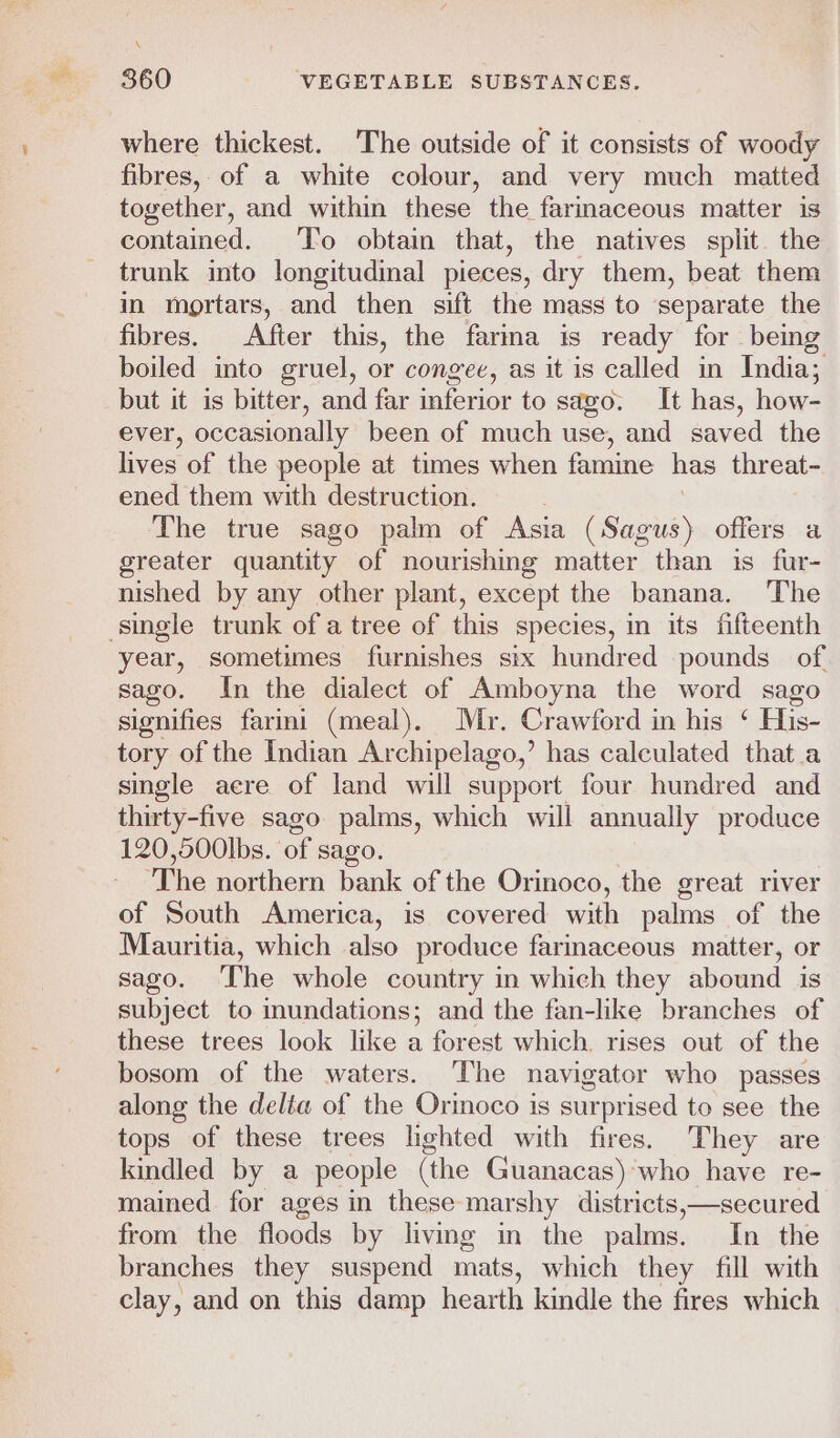 \ 360 VEGETABLE SUBSTANCES. where thickest. The outside of it consists of woody fibres, of a white colour, and very much matted together, and within these the farmaceous matter is contained. ‘To obtain that, the natives split. the trunk imto longitudinal pieces, dry them, beat them in mortars, and then sift the mass to separate the fibres. After this, the farina is ready for being boiled into gruel, or congec, as it is called in India; but it is bitter, and far inferior to sago. It has, how- ever, occasionally been of much use, and saved the lives of the people at times when famine has threat- ened them with destruction. The true sago palm of Asia (Sagus) offers a greater quantity of nourishing matter than 1s fur- nished by any other plant, except the banana. The year, sometimes furnishes six hundred pounds of sago. In the dialect of Amboyna the word sago signifies farini (meal). Mr. Crawford in his ‘ His- tory of the Indian Archipelago,’ has calculated that a single acre of land will support four hundred and thirty-five sago palms, which will annually produce 120,500lbs. of sago. The northern bank of the Orinoco, the great river of South America, is covered with palms of the Mauritia, which also produce farimaceous matter, or sago. The whole country in which they abound is subject to mundations; and the fan-like branches of these trees look like a forest which. rises out of the bosom of the waters. The navigator who passes along the delta of the Orinoco is surprised to see the tops of these trees lighted with fires. They are kindled by a people (the Guanacas) who have re- mained for ages in these marshy districts,—secured from the floods by living in the palms. In the branches they suspend mats, which they fill with clay, and on this damp hearth kindle the fires which