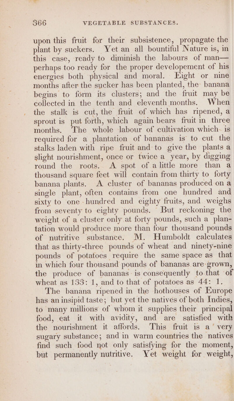 upon this fruit for their subsistence, propagate the plant by suckers. Yet an all bountiful Nature is, in this case, ready to diminish the labours of man— perhaps too ready for the proper developement of his energies both physical and moral. Eight or nine months after the sucker has been planted, the: banana begins to form its clusters; and the fruit may be collected in the tenth and eleventh months. When the stalk is cut, the fruit of which has ripened, a sprout is put forth, which again bears fruit in three months. The whole labour of cultivation which- is required for a plantation of bananas is to cut the stalks laden with ripe fruit and to give the plants a slight nourishment, once or twice a year, by digging round the roots. &lt;A spot of alittle more than a thousand square feet will contain from thirty to forty banana plants. A cluster of bananas produced on a single plant, often contains from one hundred and sixty to one-hundred and eighty fruits, and weighs from seventy to eighty pounds. But reckoning the weight of a cluster only at forty pounds, such a plan- tation would produce more than four thousand pounds of nutritive substance. M. Humboldt calculates that as thirty-three pounds of wheat and ninety-nine pounds of potatoes require the same space as that in which four thousand pounds of bananas are grown, the produce of bananas: is consequently to that of wheat as 133: 1, and to that of potatoes as 44: 1. The banana ripened in the hothouses of Europe has an insipid taste; but yet the natives of both Indies, to many millions of whom it supplies their principal food, eat it with avidity, and are satisfied with the nourishment it affords. This fruit is a’ very sugary substance; and in warm countries the natives find such food not only satisfying for the moment, but permanently nutritive. Yet weight for weight,