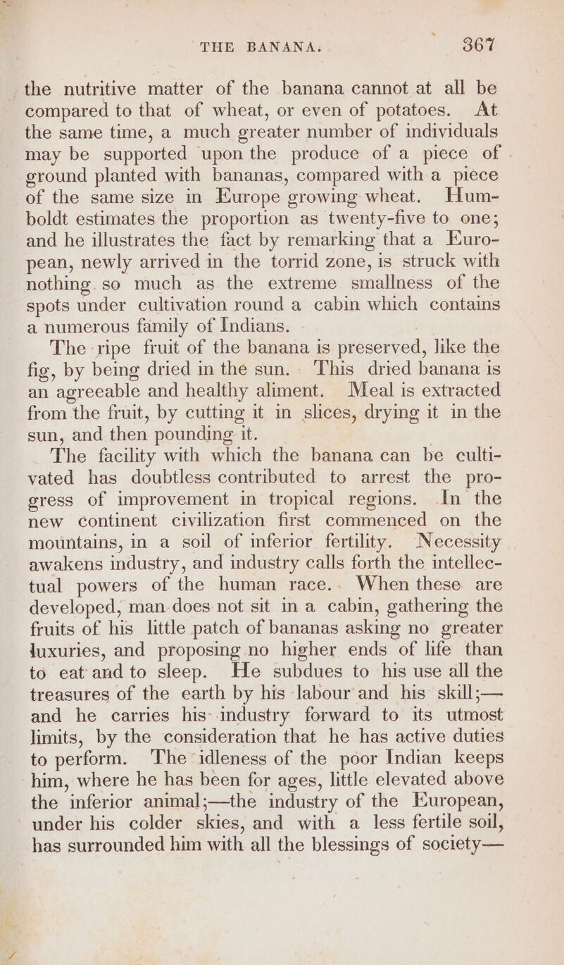 the nutritive matter of the banana cannot at all be compared to that of wheat, or even of potatoes. At the same time, a much greater number of individuals may be supported upon the produce of a piece of . ground planted with bananas, compared with a piece of the same size in Europe growing wheat. Hum- boldt estimates the proportion as twenty-five to one; and he illustrates the fact by remarking that a Euro- pean, newly arrived in the torrid zone, is struck with nothing.so much as the extreme smallness of the spots under cultivation round a cabin which contains a numerous family of Indians. | The ripe fruit of the banana is preserved, like the fig, by being dried in the sun.. This dried banana is an agreeable and healthy aliment. Meal is extracted from the fruit, by cutting it in slices, drying it in the sun, and then pounding it. | The facility with which the banana can be culti- vated has doubtless contributed to arrest the pro- gress of improvement in tropical regions. Im the new continent civilization first commenced on the mountains, in a soil of inferior fertility. Necessity awakens industry, and industry calls forth the intellec- tual powers of the human race.. When these are developed, man-does not sit in a cabin, gathering the fruits of his little patch of bananas asking no greater luxuries, and proposing no higher ends of life than to eat and to sleep. He subdues to his use all the treasures of the earth by his labour and his skill;— and he carries his industry forward to its utmost limits, by the consideration that he has active duties to perform. The idleness of the poor Indian keeps him, where he has been for ages, little elevated above the inferior animal;—the industry of the European, under his colder skies, and with a less fertile soil, has surrounded him with all the blessings of society—