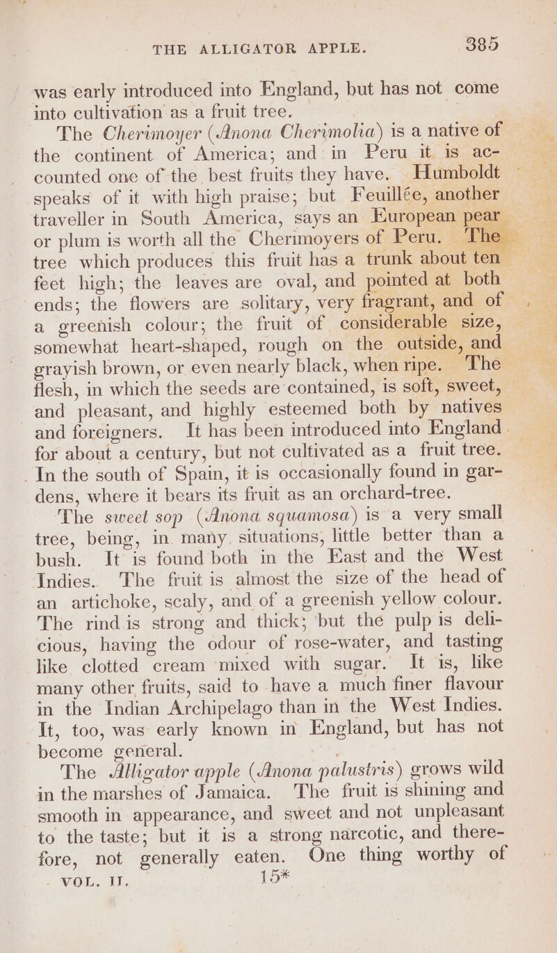 was early introduced into England, but has not come into cultivation as a fruit tree. The Cherimoyer (Anona Cherimolia) is a native of the continent of America; and in Peru it is ac- counted one of the best fruits they have. Humboldt speaks of it with high praise; but Feuille, another — traveller in South America, says an European pear or plum is worth all the Cherimoyers of Peru. ‘J tree which produces this fruit has a trunk about te feet high; the leaves are oval, and pointed at both &gt; ends; the flowers are solitary, very fragrant, and of sae a greenish colour; the fruit of considerable size, — me somewhat heart-shaped, rough on the outside, and grayish brown, or even nearly black, when ripe. “howe 7a flesh, in which the seeds are contained, is soft, sweet, and pleasant, and highly esteemed both by natives and foreigners. It has been introduced into England | for about a century, but not cultivated as a fruit tree. In the south of Spain, it is occasionally found in gar- dens, where it bears its fruit as an orchard-tree. The sweet sop (Anona squamosa) is a very small tree, being, in many. situations, little better than a bush. It is found both in the East and the West Indies. The fruit is almost the size of the head of an artichoke, scaly, and of a greenish yellow colour. The rind is strong and thick; but the pulp is deli- cious, having the odour of rose-water, and tasting like clotted cream mixed with sugar. It is, like many other fruits, said to have a much finer flavour in the Indian Archipelago than in the West Indies. It, too, was early known in England, but has not become general. The Alligator apple (Anona palustris) grows wild in the marshes of Jamaica. The fruit is shining and smooth in appearance, and sweet and not unpleasant to the taste; but it is a strong narcotic, and there- fore, not generally eaten. One thing worthy of . VOL, I, 15%