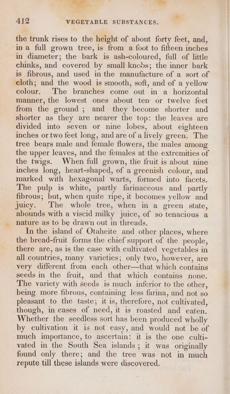 the trunk rises to the height of about forty feet, and, ina full grown tree, is from a foot to fifteen inches in diameter; the bark is ash-coloured, full of little chinks, and covered by small knobs; the inner bark is fibrous, and used in the manufacture of a sort of cloth; and the wood is smooth, soft, and of a yellow colour. The branches come out in a_ horizontal manner, the lowest ones about ten or twelve feet from the ground ; and they become shorter and shorter as they are nearer the top: the leaves are divided into seven or nine lobes, about eighteen inches or two feet long, and are of a lively green. The tree bears male and female flowers, the males among the upper leaves, and the females at the extremities of the twigs. When full grown, the fruit is about nine inches long, heart-shaped, of a greenish colour, and marked with hexagonal warts, formed into facets. The pulp is white, partly farinaceous and _ partly fibrous; but, when quite ripe, it becomes yellow and juicy. The whole tree, when im a green state, abounds with a viscid milky juice, of so tenacious a nature as to be drawn out in threads. In the island of Otaheite and other places, where the bread-fruit forms the chief support of the people, there are, as is the case with cultivated vegetables in all countries, many varieties; only two, however, are very different from each other—that which contains seeds in the fruit, and that which contains none. The variety with seeds is much inferior to the other, being more fibrous, containing less farina, and not so pleasant to the taste; it is, therefore, not cultivated, though, in cases of need, it is roasted and eaten. Whether the seedless sort has been produced wholly by cultivation it is not easy, and would not be of much importance, to ascertain: it is the one culti- vated in the South Sea islands ; it was originally found only there; and the tree was not in much repute till these islands were discovered. Ae A ee