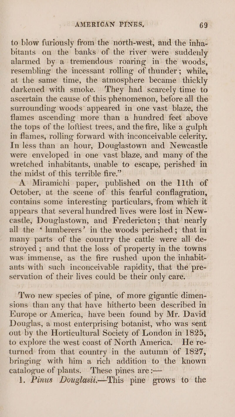 to blow furiously from the north-west, and the inha- bitants on the banks of the river were suddenly alarmed by a tremendous roaring in the woods, resembling the incessant rolling of thunder; while, at the same time, the atmosphere became thickly darkened with smoke. They had scarcely time to ascertain the cause of this phenomenon, before all the surrounding woods’ appeared in one vast blaze, the flames ascending more than a hundred feet above the tops of the loftiest trees, and the fire, like a gulph in flames, rolling forward with inconceivable celerity. In less than an hour, Douglastown and Newcastle were enveloped in one vast blaze, and many of the wretched inhabitants, unable to escape, perished in the midst of this terrible fire.” | A Miramichi paper, published on the 11th of October, at the scene of this fearful conflagration, contains some interesting particulars, from which it appears that several hundred lives were lost in New- castle, Douglastown, and Fredericton; that nearly all the ‘ lumberers’ in the woods perished; that in many parts of the country the cattle were all de- stroyed ; and that the loss of property in the towns was immense, as the fire rushed upon the inhabit- ants with such inconceivable rapidity, that the pre- servation of their lives could be their only care. T'wo new species of pine, of more gigantic dimen- sions than any. that have hitherto been described in Europe or America, have been found by Mr. David Douglas, a most enterprising botanist, who was sent out by the Horticultural Society of London in 1825, to explore the west coast of North America. He re- turned from that country in the autumn of 1827, bringing with him a rich addition to the known catalogue of plants. These pines are :— 1, Pinus Douglasiii—This pine grows to the