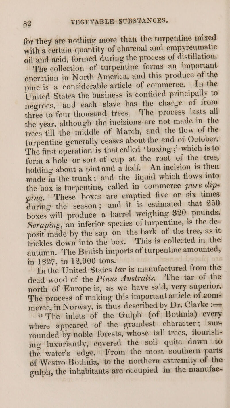 for they are nothing more than the turpentine mixed with a certain quantity of charcoal and empyreumatie oil and acid, formed during the process of distillation. The collection of turpentine forms an important operation in North America, and this produce of the pine is a considerable article of commerce. In the United States the business is confided principally to negroes, and each slave has the charge of from three to four thousand trees. The process lasts all the year, although the incisions are not made in the trees till the middle of March, and the flow of the turpentine generally ceases about the end of October. The first operation is that called ‘boxing ; which is to form a hole or sort of cup at the root of the tree, holding about a pint and a half. An incision is then made in the trunk; and the liquid which flows into the box is turpentine, called in commerce pure dip- ping. ‘These boxes are emptied five or six times during the season; and it is estimated that 250 boxes will produce a barrel weighing 320. pounds. Scraping, an inferior species of turpentine, is the de- posit made by the sap on the bark of the tree, as it trickles down into the box. ‘This is collected in the autumn. The British imports of turpentine amounted, in 1827, to 12,000 tons. In the United States éar is manufactured from the dead wood of the Pinus Australis. The tar of the north of Europe is, as we have said, very superior. The process of making this important article of eom- merce, in Norway, is thus described by Dr. Clarke :—= «The inlets of the Gulph (of Bothnia) every where appeared of the grandest character; sur- rounded by noble forests, whose tall trees, flourish- ing luxuriantly, covered the soil quite down to the water's edge. From the most southern parts of Westro-Bothnia, to the northern extremity of the gulph, the inhabitants are occupied in the manufae-