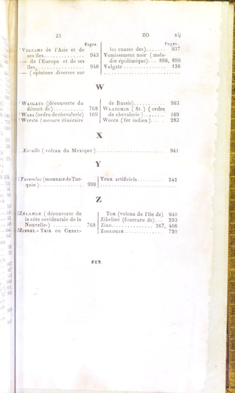 zi Pages. 'Voixaws de l’Asie et de ses îles 943 — de l'Europe et de ses ilesi 946 ( opinions diverses sur ZO xlj Pages- les causes des) 937 Vomissement noir ( mala- die épidémique). .. 888, 890 Vulgate 126 w Waioats (.decouverte du détroit de) ' Wasa (ordre dechevalerie) ' Werste ( mesure itinéraire de Russie) 983 768 Wladimir ( St. ) ( ordre 169 dechevalerie) 169 Wootz (fer indien). . . . 283 X Xotullo (volcan du Mexique) 941 Y ) Yaremlec (inonnaicdeTur- quie ) 1 Yeux artificiels 996 | 242 Z /Zélahdb ( découverte de la côte occidentale de la Nouvelle-) 7G8 ZZlBBEI. - TïlR OU C/EBEL- Tor (volcan de l'ile de) 940 Zibeline (fourrure de)... 293 Zinc 267, 466 Zoologie 720 Fl?»