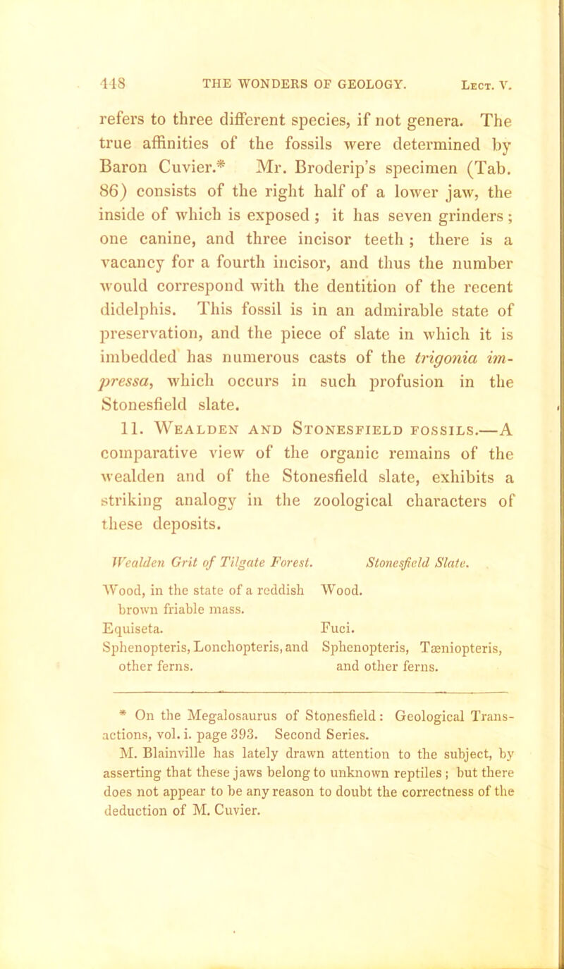 refers to three different species, if not genera. The true affinities of the fossils were determined by Baron Cuvier.* Mr. Broderip’s specimen (Tab. 86) consists of the right half of a lower jaw, the inside of which is exposed ; it has seven grinders ; one canine, and three incisor teeth ; there is a vacancy for a fourth incisor, and thus the number would correspond with the dentition of the recent didelphis. This fossil is in an admirable state of preservation, and the piece of slate in which it is imbedded has numerous casts of the trigonia im- pressa, which occurs in such profusion in the Stonesfield slate. 11. Wealden and Stonesfield fossils.—A comparative view of the organic remains of the wealden and of the Stonesfield slate, exhibits a striking analogy in the zoological characters of these deposits. Wealden Grit of Tilgate Forest. Stonesfield Slate. Wood, in the state of a reddish Wood. brown friable mass. Equiseta. Fuci. Sphenopteris, Lonchopteris, and Sphenopteris, Taaniopteris, other ferns. and other ferns. * On the Megalosaurus of Stonesfield: Geological Trans- actions, vol. i. page 393. Second Series. M. Blainville has lately drawn attention to the subject, by asserting that these jaws belong to unknown reptiles ; but there does not appear to be any reason to doubt the correctness of the deduction of M. Cuvier.