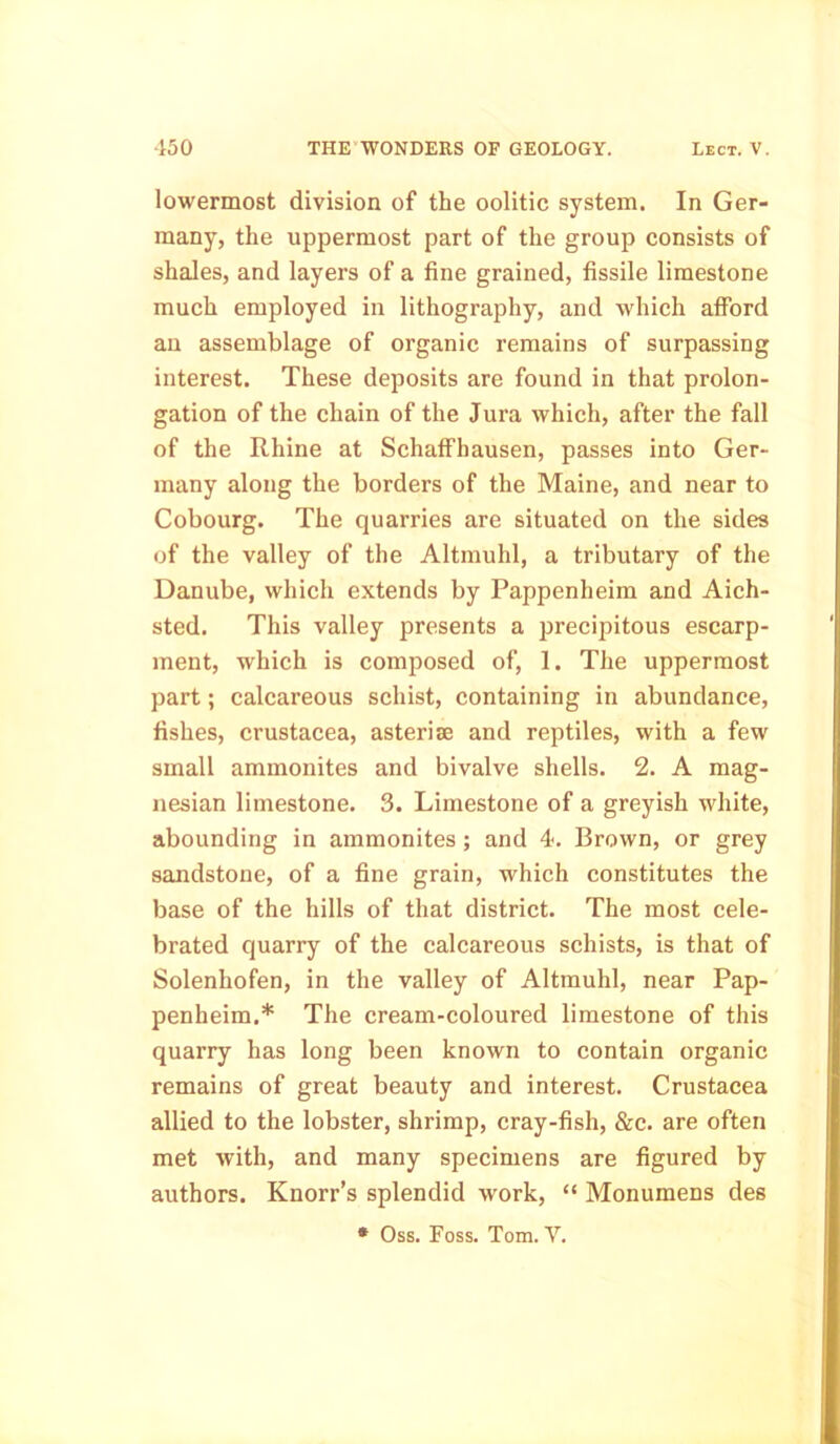 lowermost division of the oolitic system. In Ger- many, the uppermost part of the group consists of shales, and layers of a fine grained, fissile limestone much employed in lithography, and which afford an assemblage of organic remains of surpassing interest. These deposits are found in that prolon- gation of the chain of the Jura which, after the fall of the Rhine at Schaffhausen, passes into Ger- many along the borders of the Maine, and near to Cobourg. The quarries are situated on the sides of the valley of the Altmuhl, a tributary of the Danube, which extends by Pappenheim and Aich- sted. This valley presents a precipitous escarp- ment, which is composed of, 1. The uppermost part; calcareous schist, containing in abundance, fishes, Crustacea, asterise and reptiles, with a few small ammonites and bivalve shells. 2. A mag- nesian limestone. 3. Limestone of a greyish white, abounding in ammonites ; and 4. Brown, or grey sandstone, of a fine grain, which constitutes the base of the hills of that district. The most cele- brated quarry of the calcareous schists, is that of Solenhofen, in the valley of Altmuhl, near Pap- penheim.* The cream-coloured limestone of this quarry has long been known to contain organic remains of great beauty and interest. Crustacea allied to the lobster, shrimp, cray-fish, &c. are often met with, and many specimens are figured by authors. Knorr’s splendid work, “ Monumens des * Oss. Foss. Tom. Y.
